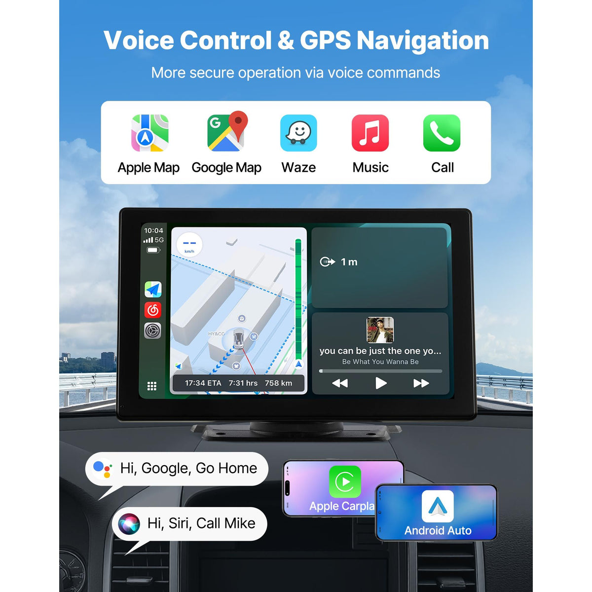 Wireless Car Stereo, 228.6mm HD Portable Radio Touch Screen with Apple CarPlay and Android Auto, CarPlay Screen with Front & Backup Cameras, Voice Control, Mirror Link, Bluetooth, GPS Navigation