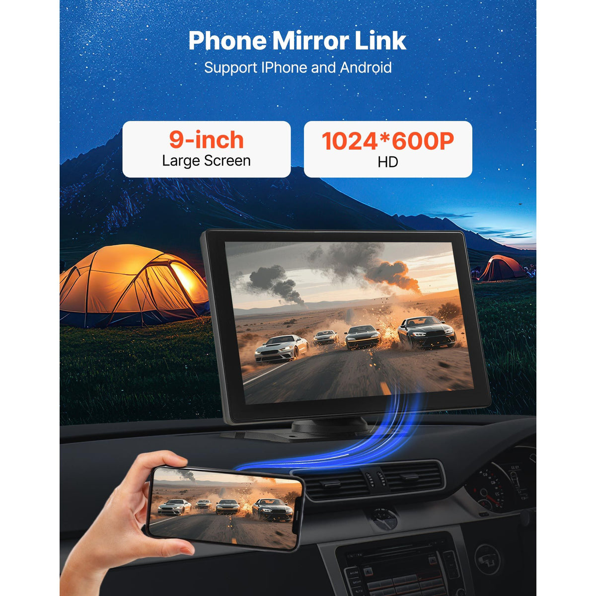 Wireless Car Stereo, 228.6mm HD Portable Radio Touch Screen with Apple CarPlay and Android Auto, CarPlay Screen with Front & Backup Cameras, Voice Control, Mirror Link, Bluetooth, GPS Navigation