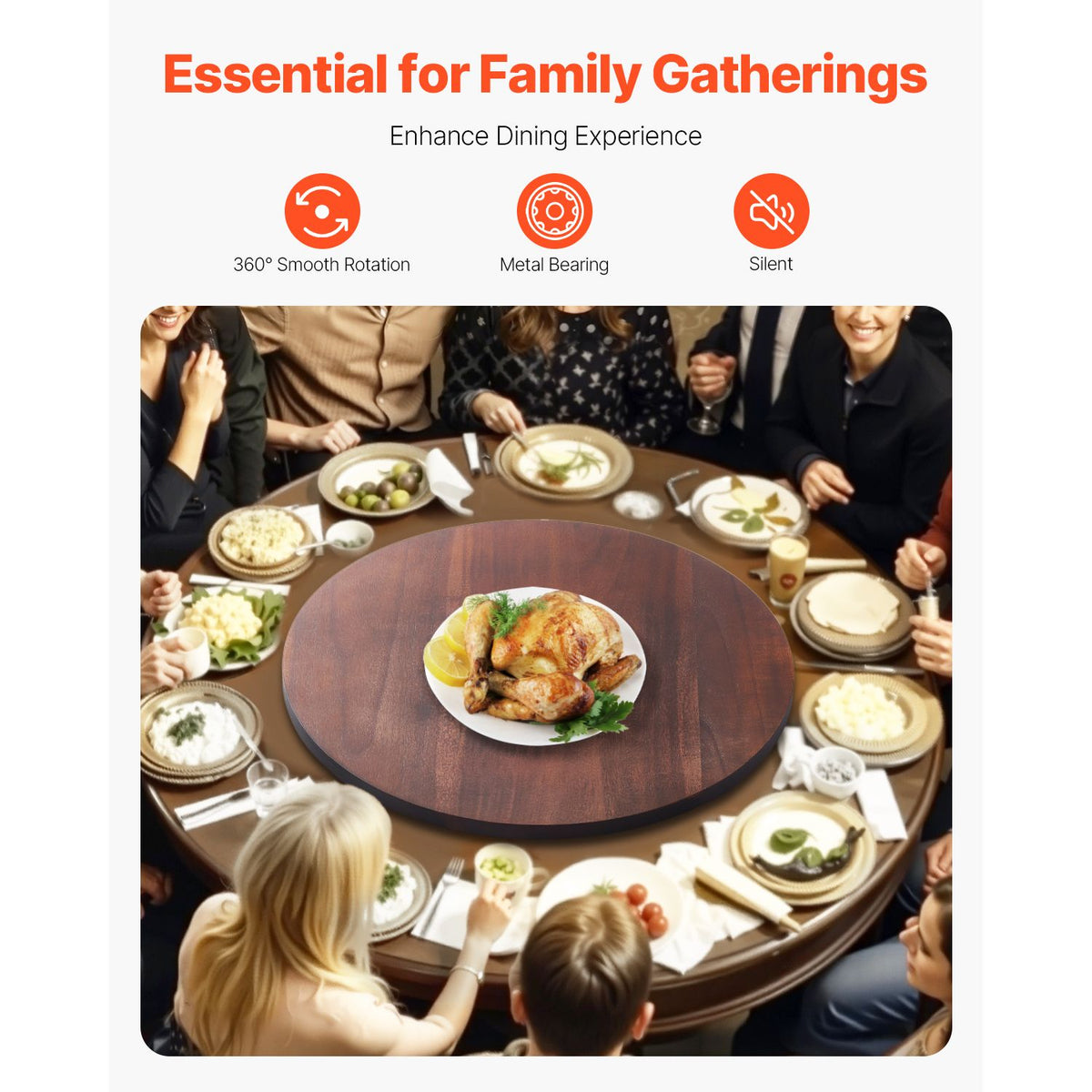 61 cm Wood Lazy Susan Turntable, 360° Rotation Round Clear Tabletop Rotating Tray, Acacia Wood Dining Table Centerpiece, Smooth and Silent Spin, for Family Gatherings, Banquets and Weddings