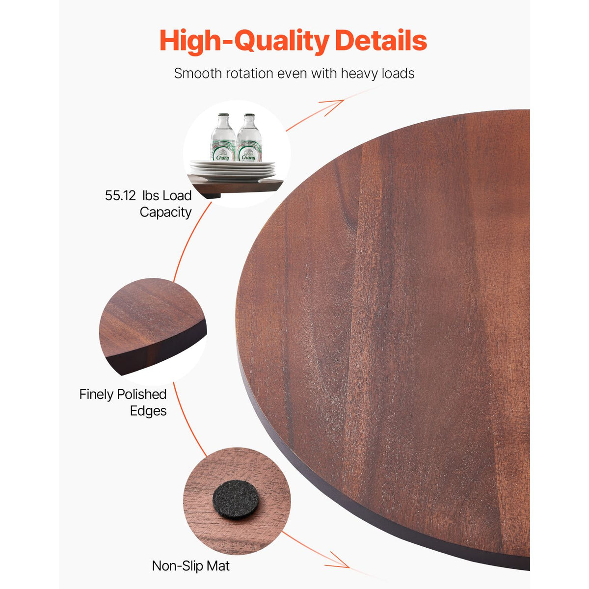61 cm Wood Lazy Susan Turntable, 360° Rotation Round Clear Tabletop Rotating Tray, Acacia Wood Dining Table Centerpiece, Smooth and Silent Spin, for Family Gatherings, Banquets and Weddings