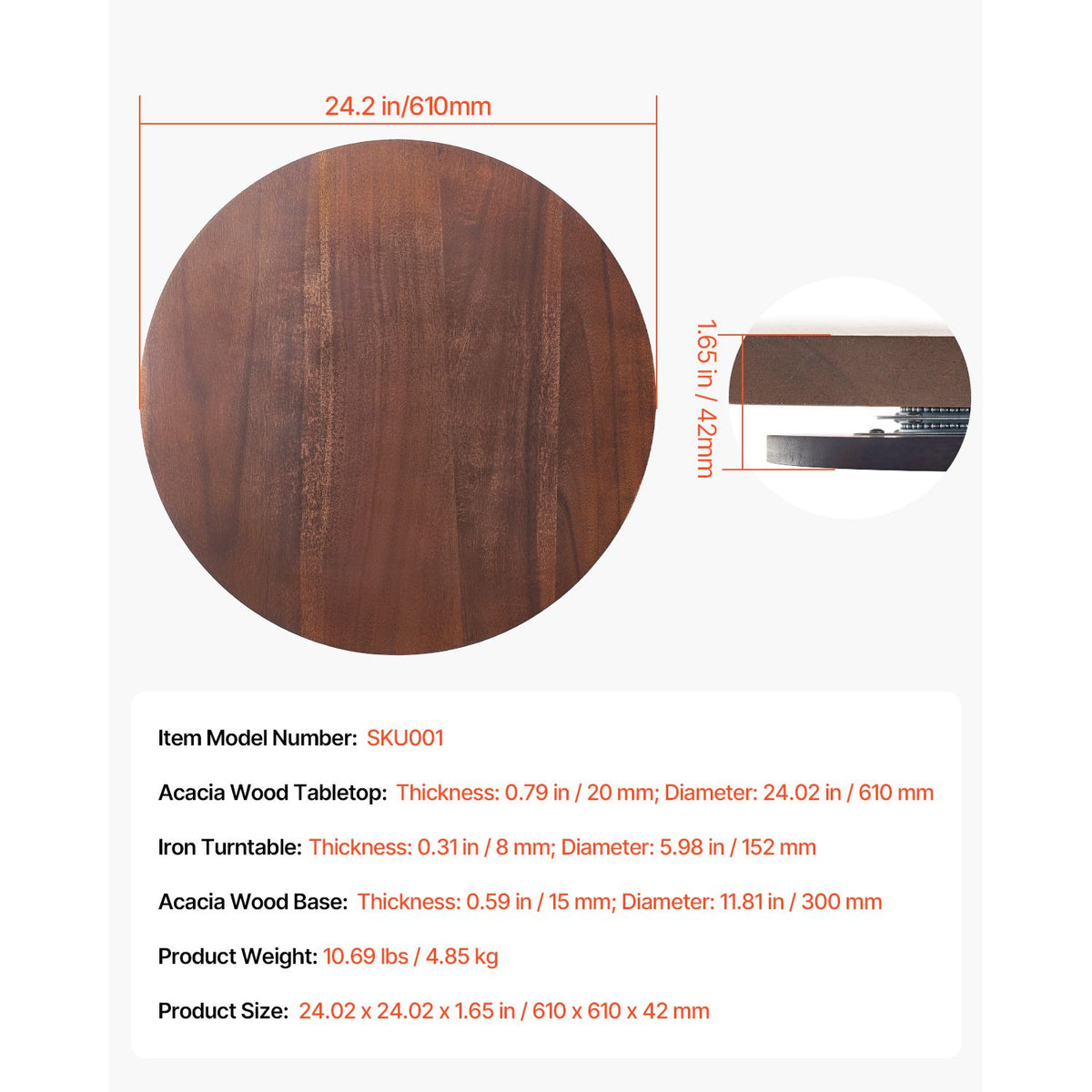 61 cm Wood Lazy Susan Turntable, 360° Rotation Round Clear Tabletop Rotating Tray, Acacia Wood Dining Table Centerpiece, Smooth and Silent Spin, for Family Gatherings, Banquets and Weddings