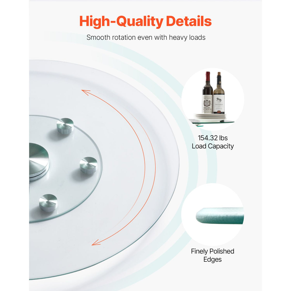 76.8 cm Glass Lazy Susan Turntable, Tempered Glass Dining Table Centerpiece with 6 Rotating Wheels, 360° Smooth & Silent Spin Tabletop Rotating Tray, for Family Gatherings, Banquets & Weddings
