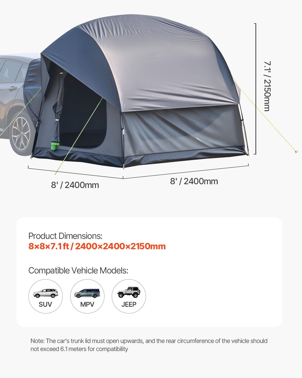 Bath Mats & Rugs: VEVOR SUV Tent for Camping, 8FT L x 8FT W, Waterproof PU2000mm Spacious Double Layer Design for 5-8 Person, SUV Camping Tent with Mesh Windows, Includes Rainfly & Storage Bag, for Outdoor Activities
