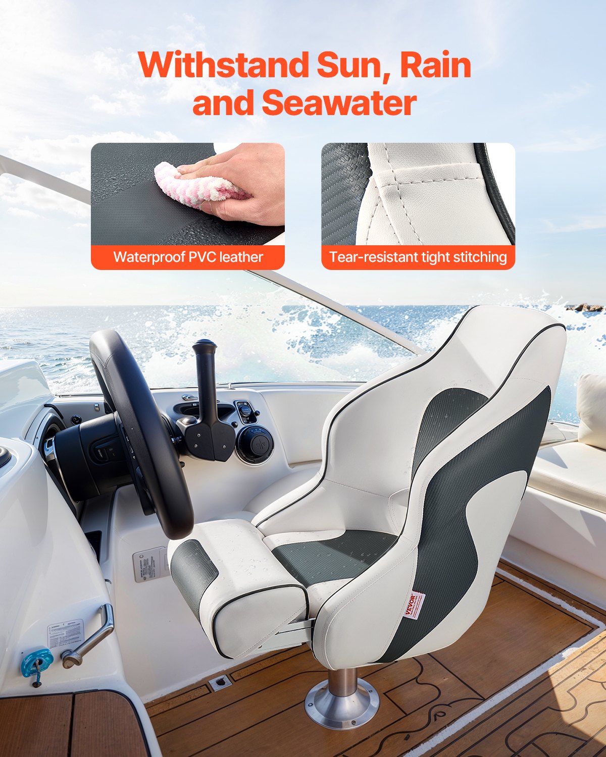 Scuba & Snorkeling: VEVOR Boat Seat, High Backrest, Flip Up Boat Seat Captain Bucket Seat with Thickened Sponge Cushion & Waterproof PVC Leather, Ergonomic Design, Folding Boat Seat for Boats, Yachts, Ships, White & Grey