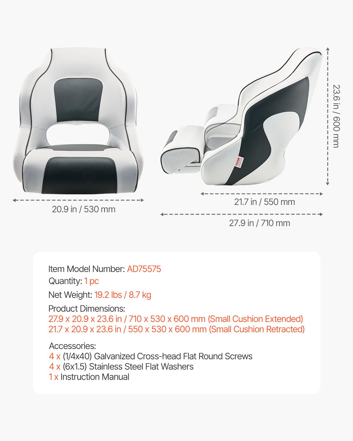 Scuba & Snorkeling: VEVOR Boat Seat, High Backrest, Flip Up Boat Seat Captain Bucket Seat with Thickened Sponge Cushion & Waterproof PVC Leather, Ergonomic Design, Folding Boat Seat for Boats, Yachts, Ships, White & Grey