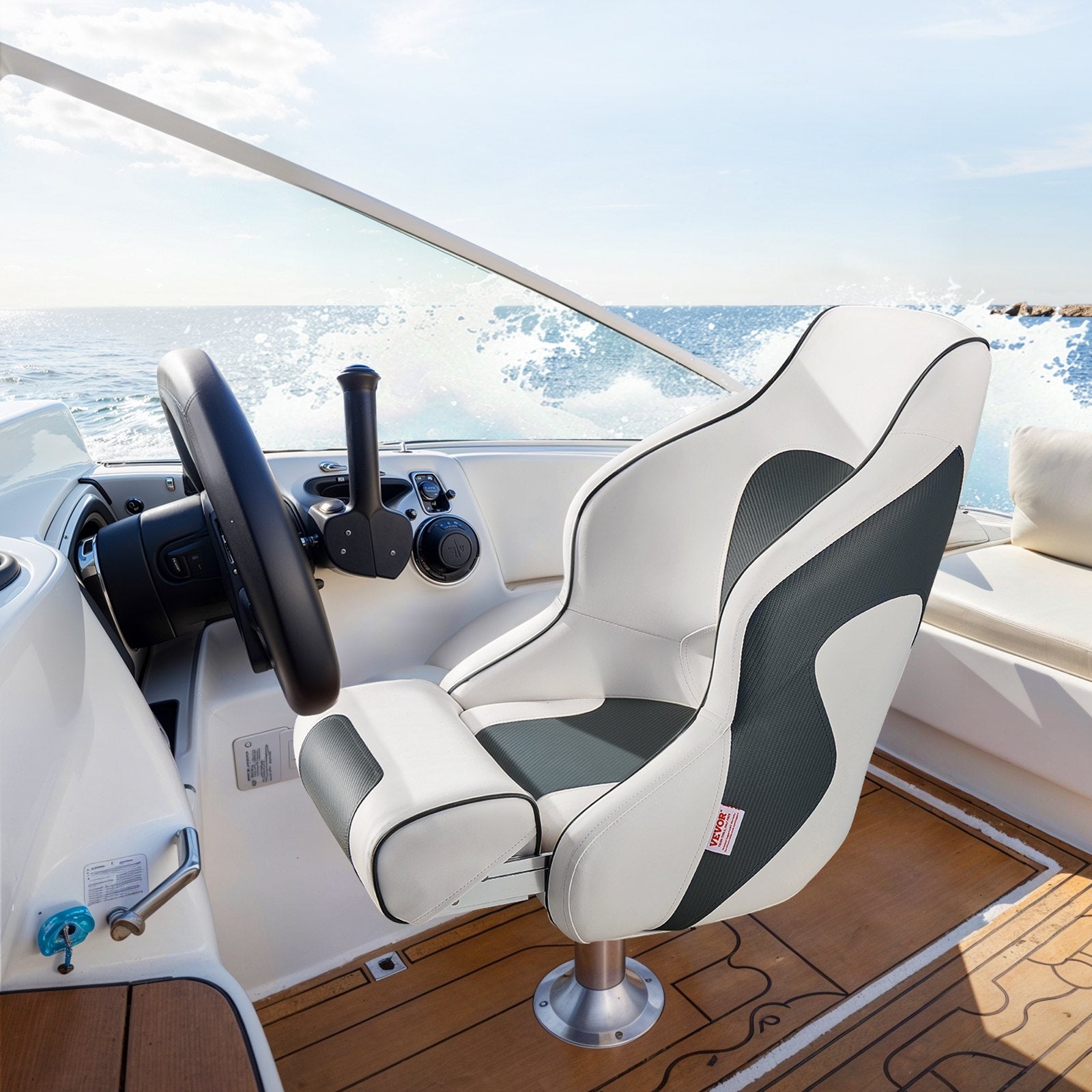 Scuba & Snorkeling: VEVOR Boat Seat, High Backrest, Flip Up Boat Seat Captain Bucket Seat with Thickened Sponge Cushion & Waterproof PVC Leather, Ergonomic Design, Folding Boat Seat for Boats, Yachts, Ships, White & Grey