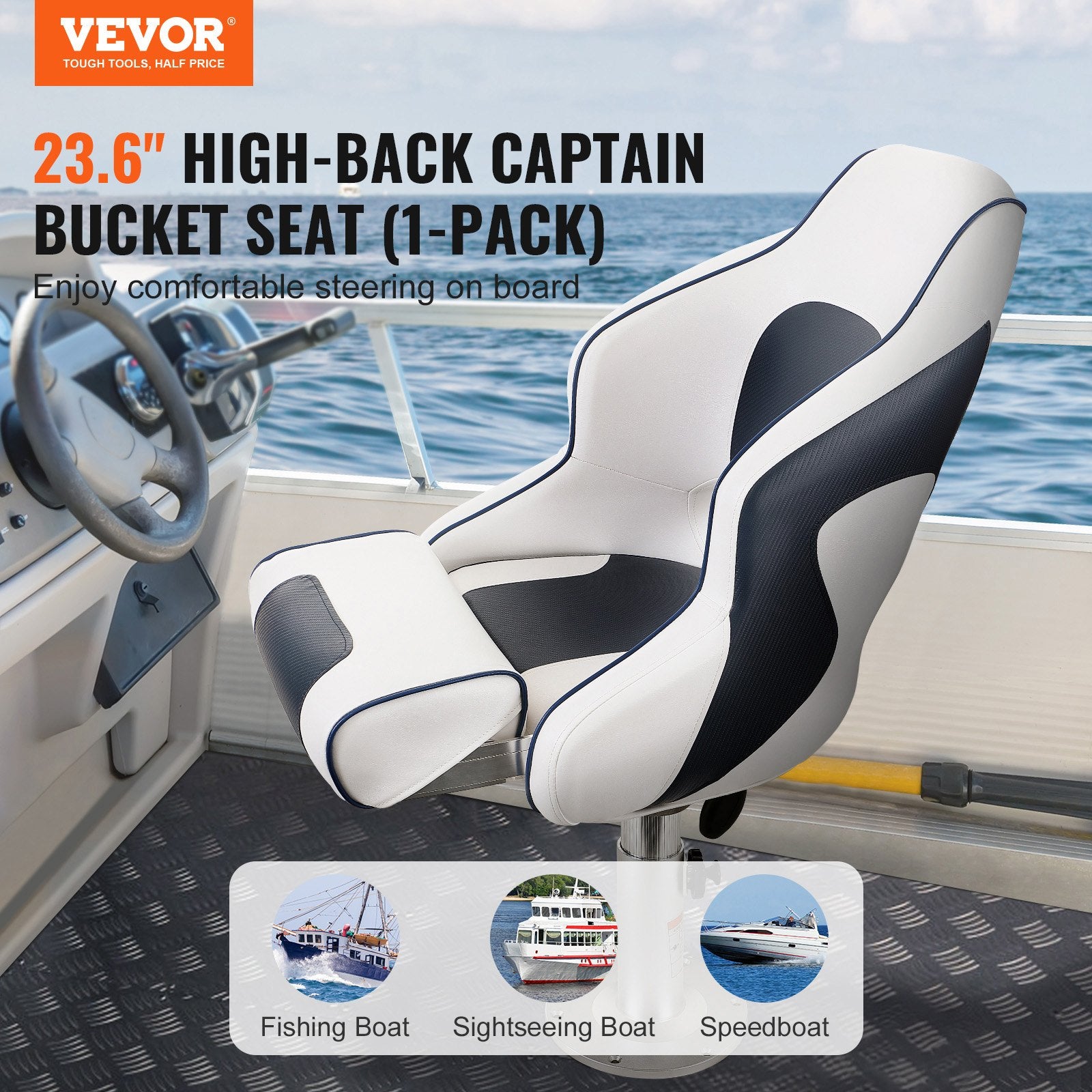 Scuba & Snorkeling: VEVOR Captain Bucket Seat Boat Seat, Flip Up Boat Seat, with Thickened Sponge Padding, Flip-up Bolster Boat Captain Chair for Fishing Boat, Sightseeing Boat, Speedboat, Canoe, 1-Piece