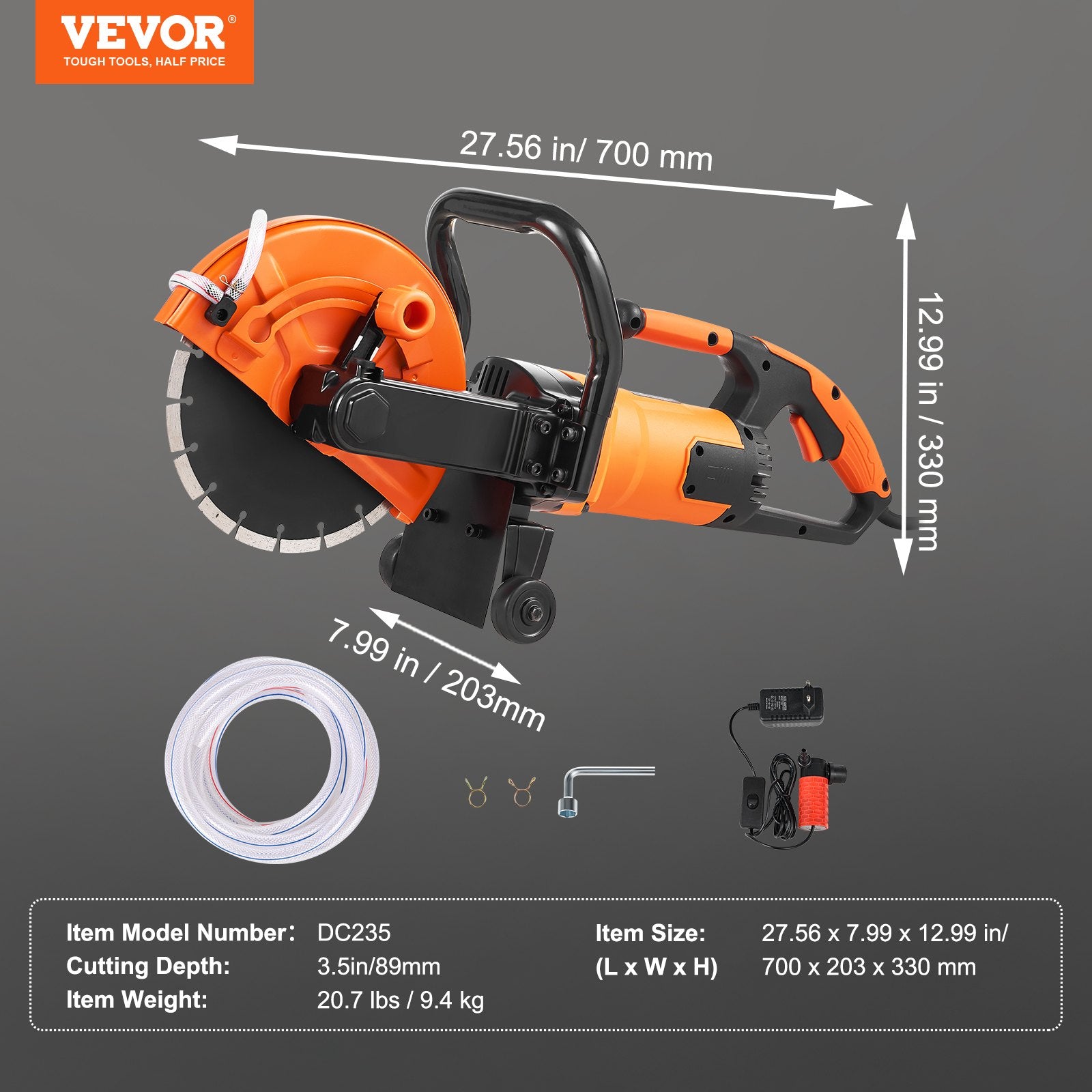 Electric Concrete Saw, 9 in, 2000 W 15 A Motor Circular Saw Cutter with 3.5 in Cutting Depth, Wet/Dry Disk Saw Cutter Includes Water Line, Pump and Blade, for Stone, Brick