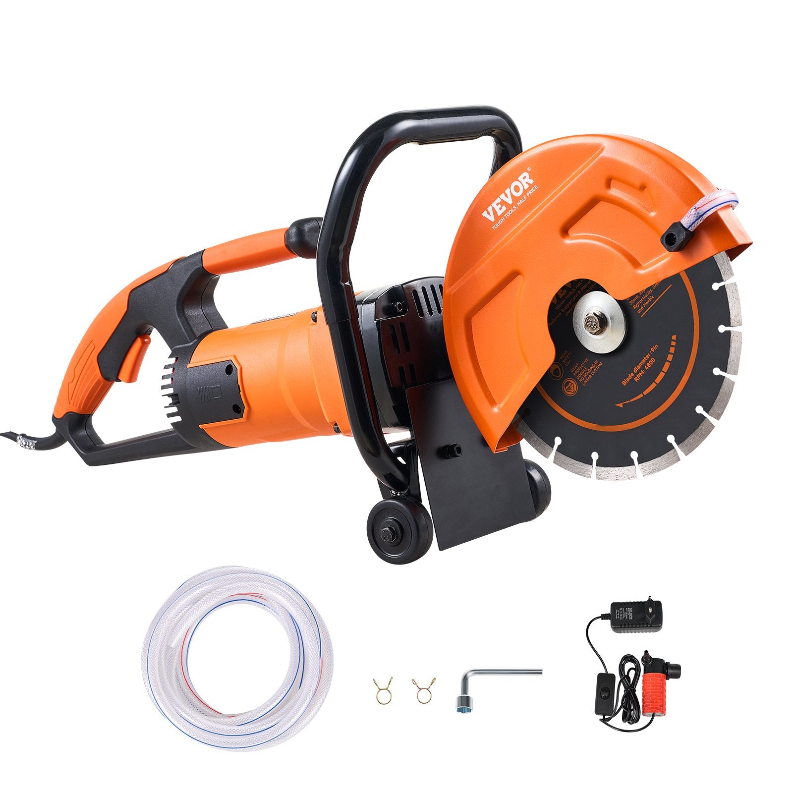 Electric Concrete Saw, 9 in, 2000 W 15 A Motor Circular Saw Cutter with 3.5 in Cutting Depth, Wet/Dry Disk Saw Cutter Includes Water Line, Pump and Blade, for Stone, Brick