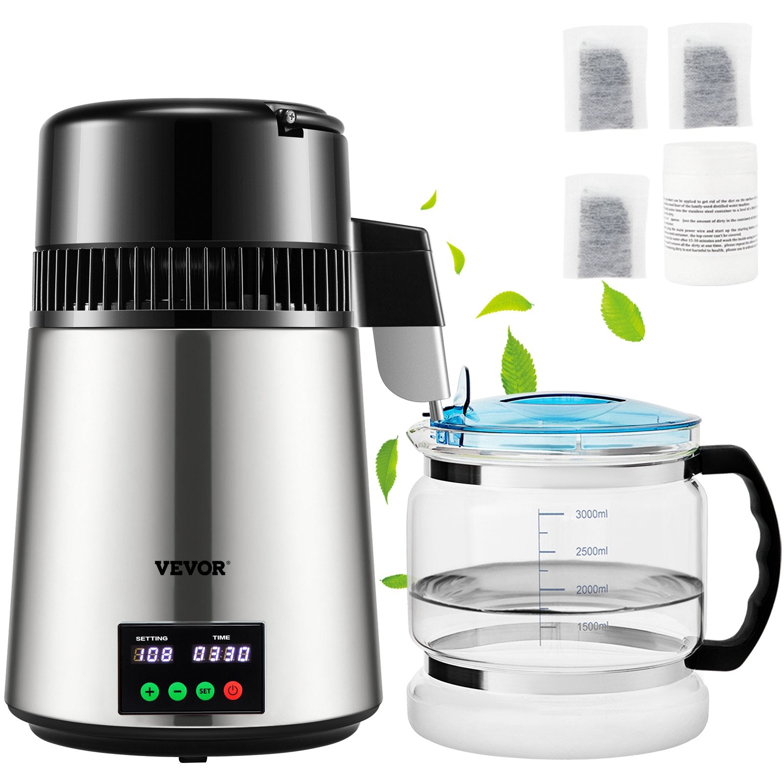 4L Water Distiller 1L/H Distilled Water Maker Timing & Temp Display Silver