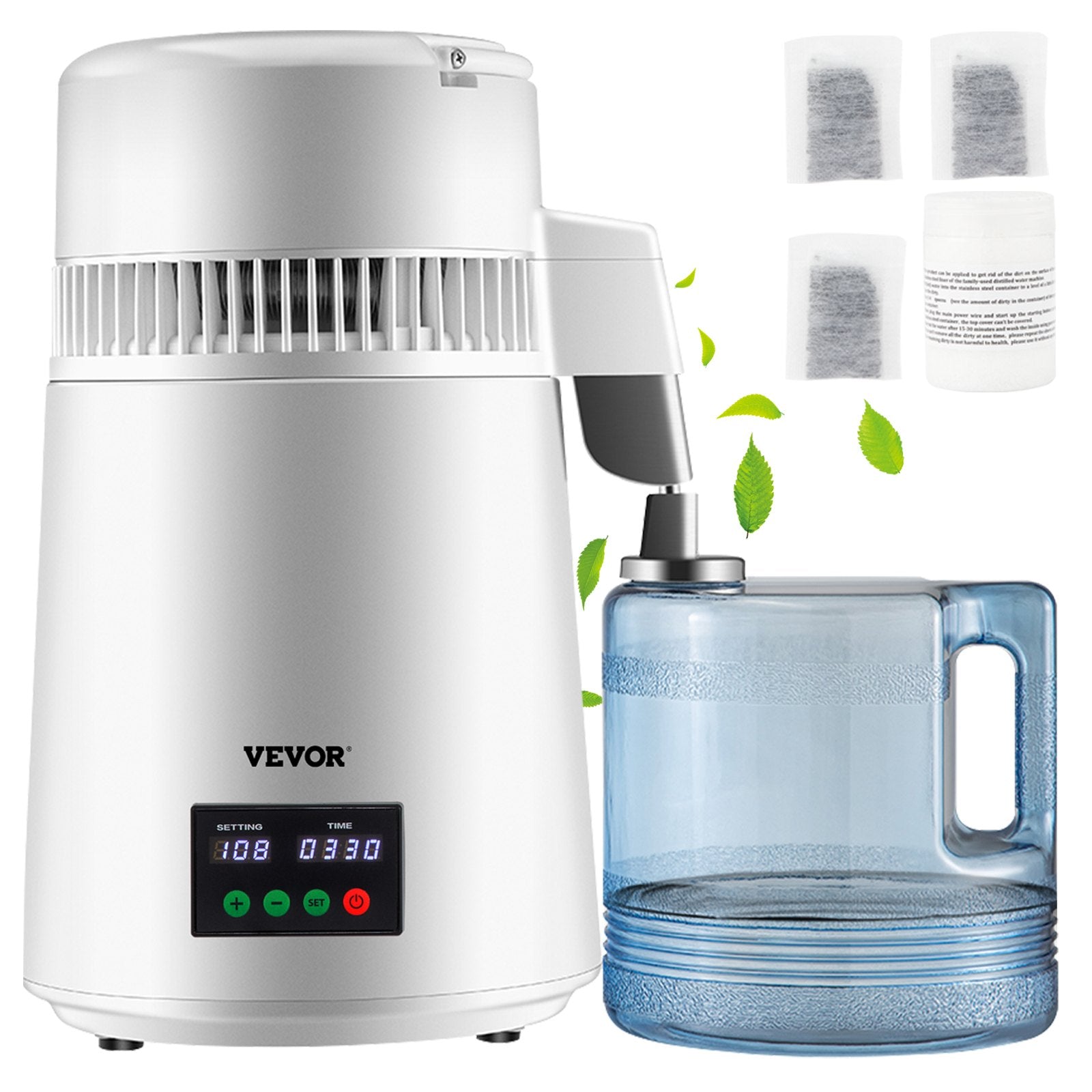 Fountain & Ponds Accessories: VEVOR 4L Water Distiller 1L/H Distilled Water Maker Timing & Temp Display White