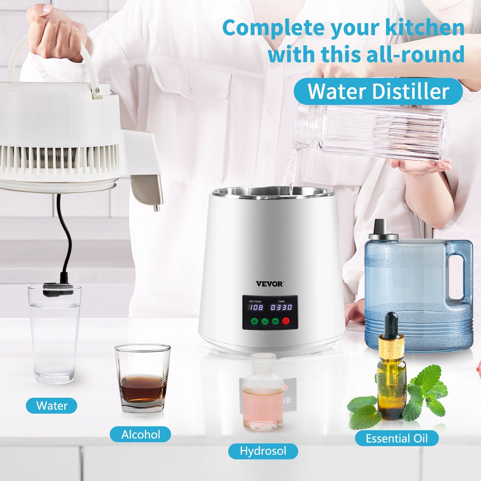Fountain & Ponds Accessories: VEVOR 4L Water Distiller 1L/H Distilled Water Maker Timing & Temp Display White