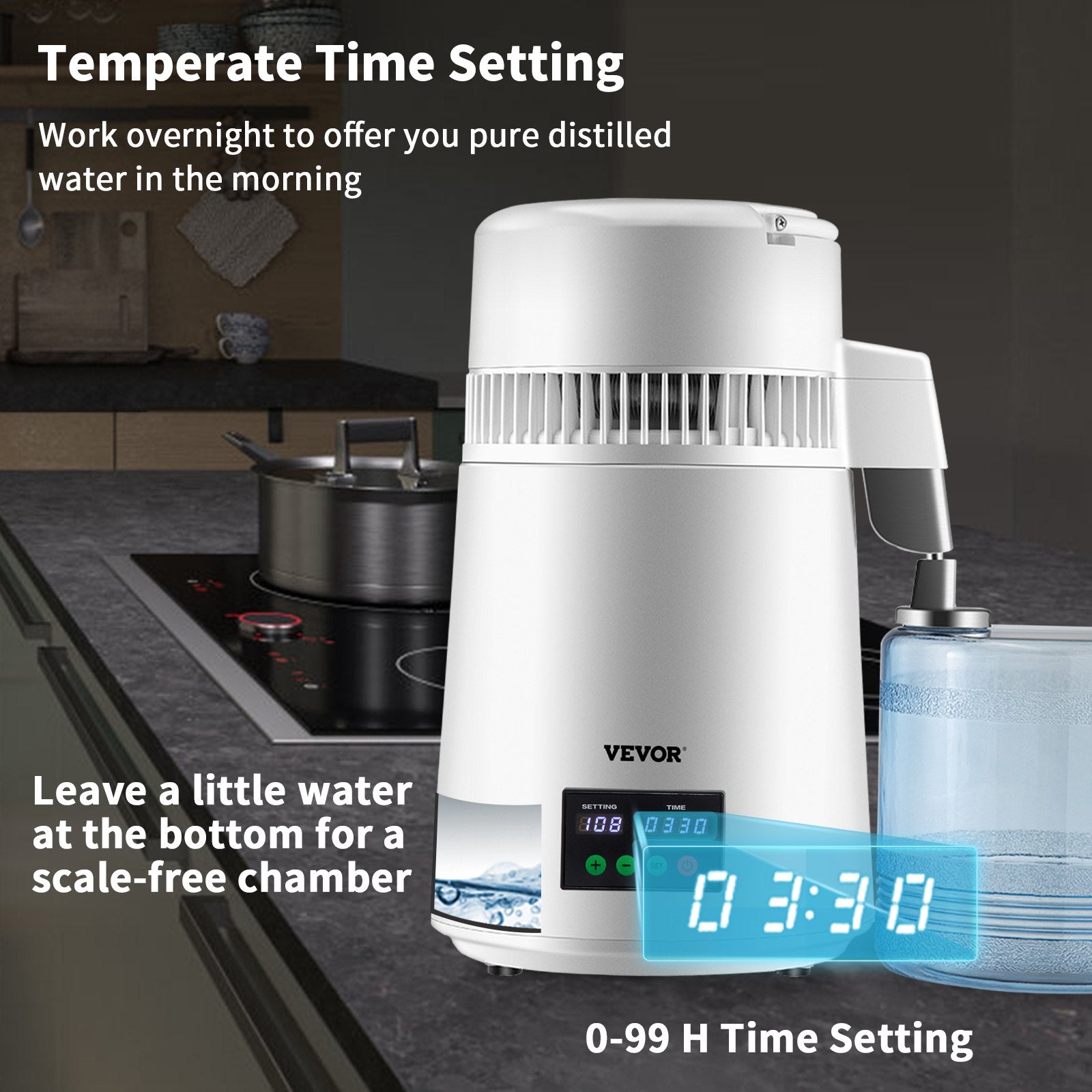 Fountain & Ponds Accessories: VEVOR 4L Water Distiller 1L/H Distilled Water Maker Timing & Temp Display White