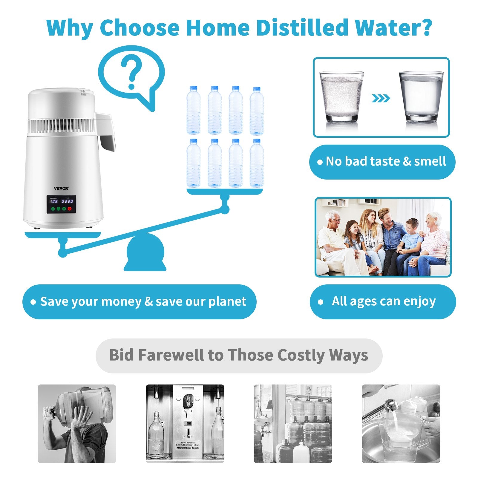 Fountain & Ponds Accessories: VEVOR 4L Water Distiller 1L/H Distilled Water Maker Timing & Temp Display White