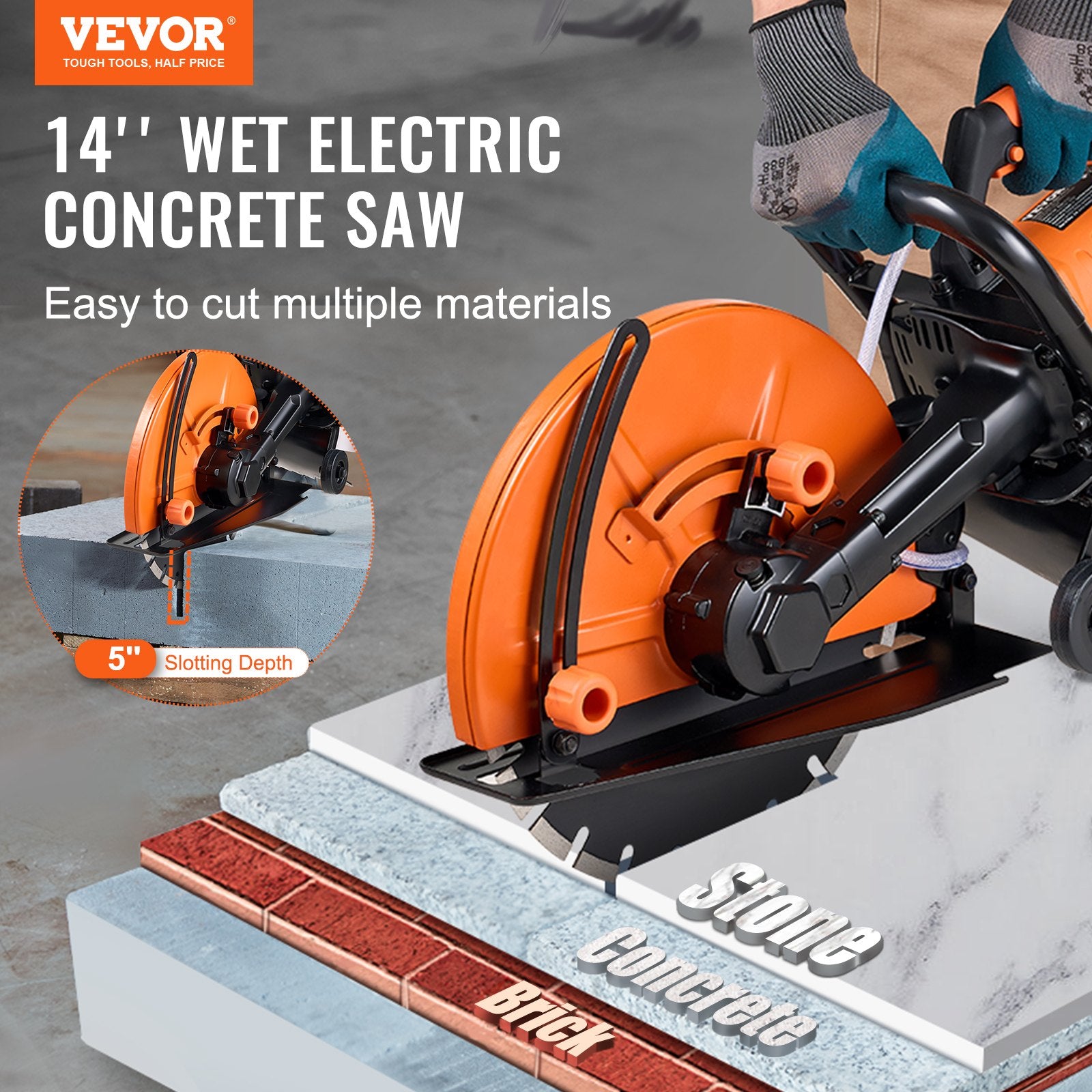 Chainsaws: VEVOR Electric Concrete Saw, 14 in, 2000 W Motor Circular Saw Cutter with Max. 5 in Adjustable Cutting Depth, Wet Disk Saw Cutter Includes Water Line, Pump and Blade, for Stone, Brick