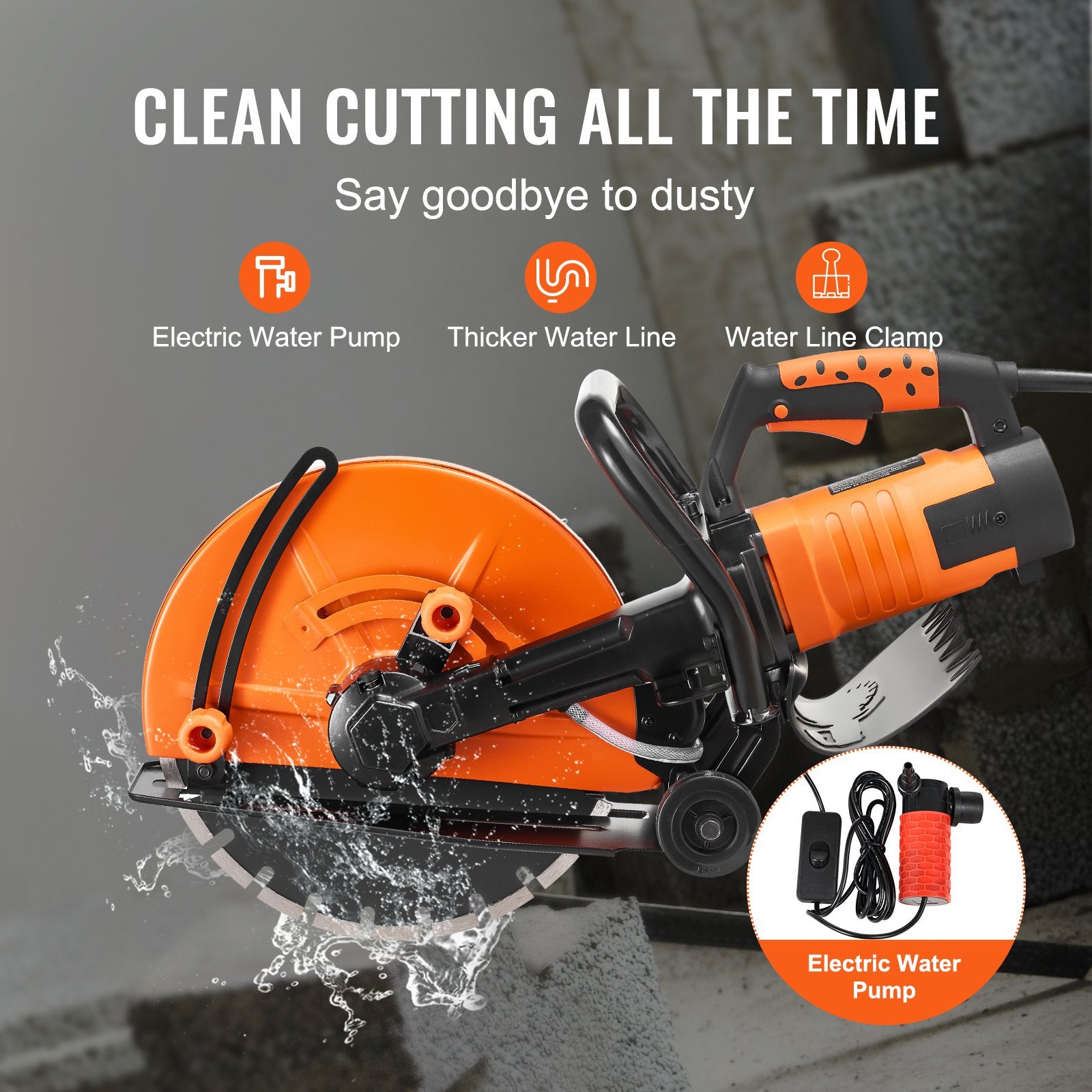 Chainsaws: VEVOR Electric Concrete Saw, 14 in, 2000 W Motor Circular Saw Cutter with Max. 5 in Adjustable Cutting Depth, Wet Disk Saw Cutter Includes Water Line, Pump and Blade, for Stone, Brick