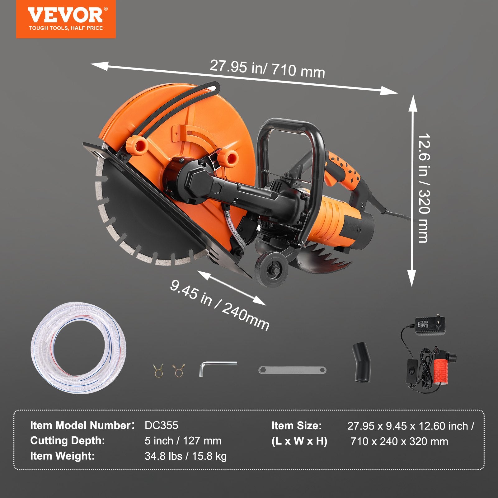 Chainsaws: VEVOR Electric Concrete Saw, 14 in, 2000 W Motor Circular Saw Cutter with Max. 5 in Adjustable Cutting Depth, Wet Disk Saw Cutter Includes Water Line, Pump and Blade, for Stone, Brick