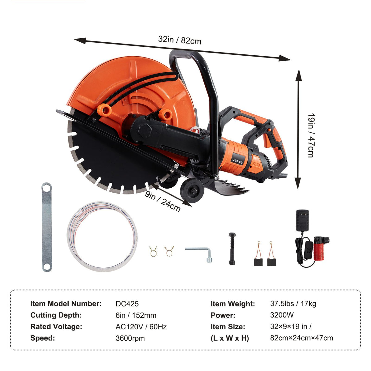 Electric Concrete Saw, 16 in, 2800 W 15 A Motor Circular Saw Cutter with Max. 6 in Adjustable Cutting Depth, Wet Disk Saw Cutter Includes Water Line, Pump and Blade, for Stone, Brick