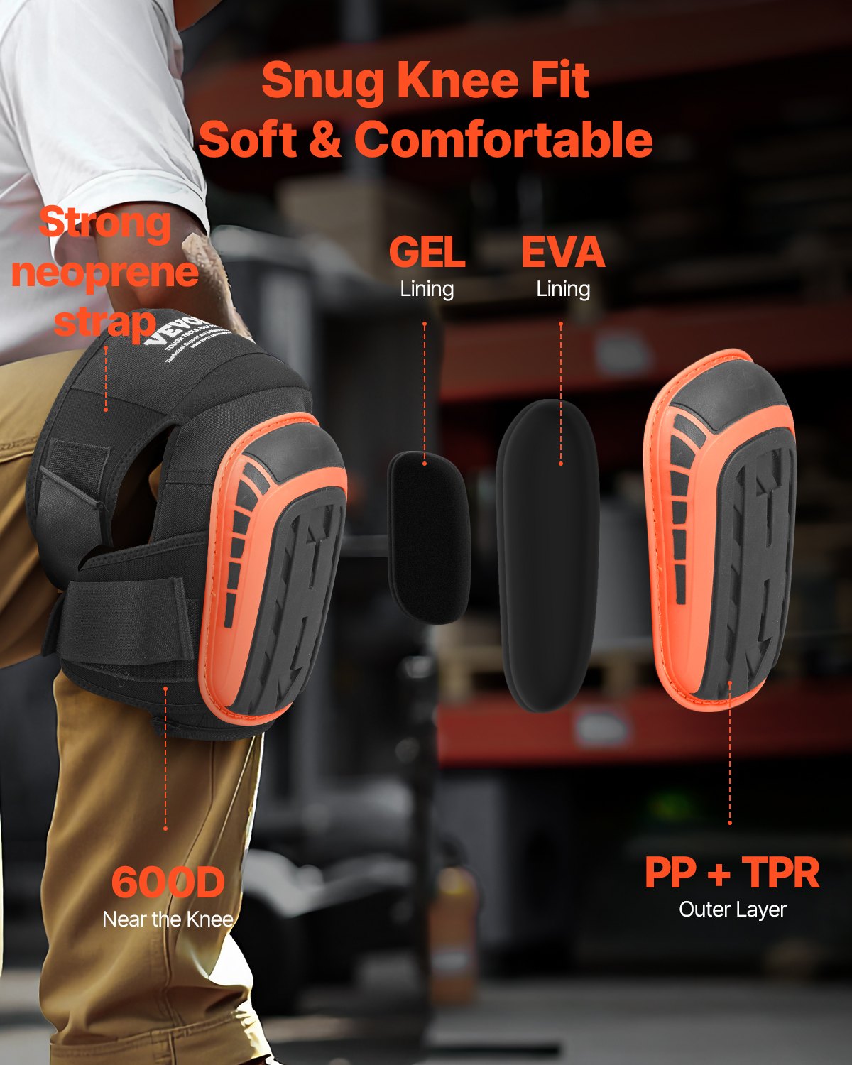 Supports & Braces: VEVOR Knee Pads for Work, Extended Heavy Duty Construction Knee Pads with 2 Extension Straps, Anti-slip Foam Gel Knee Pads, Men & Women, for Gardening Flooring Roofing and Cleaning, Black and Orange