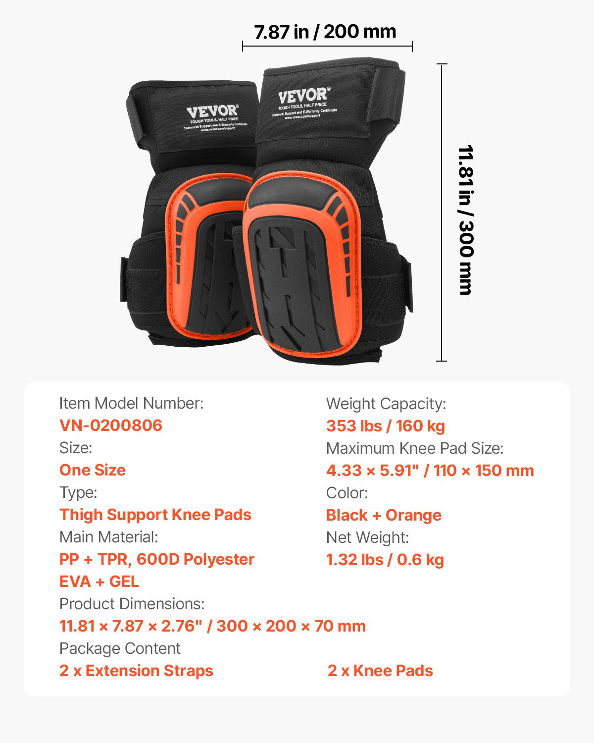 Supports & Braces: VEVOR Knee Pads for Work, Extended Heavy Duty Construction Knee Pads with 2 Extension Straps, Anti-slip Foam Gel Knee Pads, Men & Women, for Gardening Flooring Roofing and Cleaning, Black and Orange