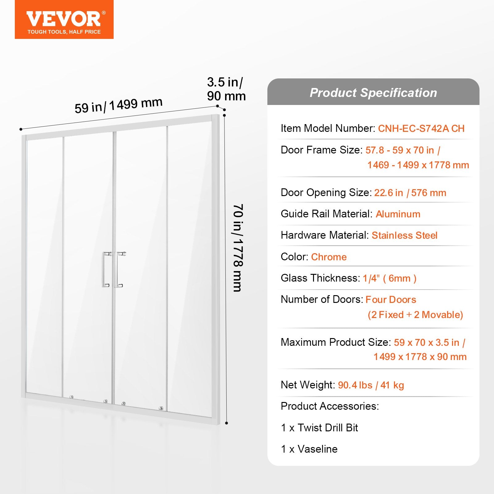 Shower Heads & Screens: VEVOR Semi-frameless Double Sliding Shower Door SGCC Tempered Glass 1/4" Chrome