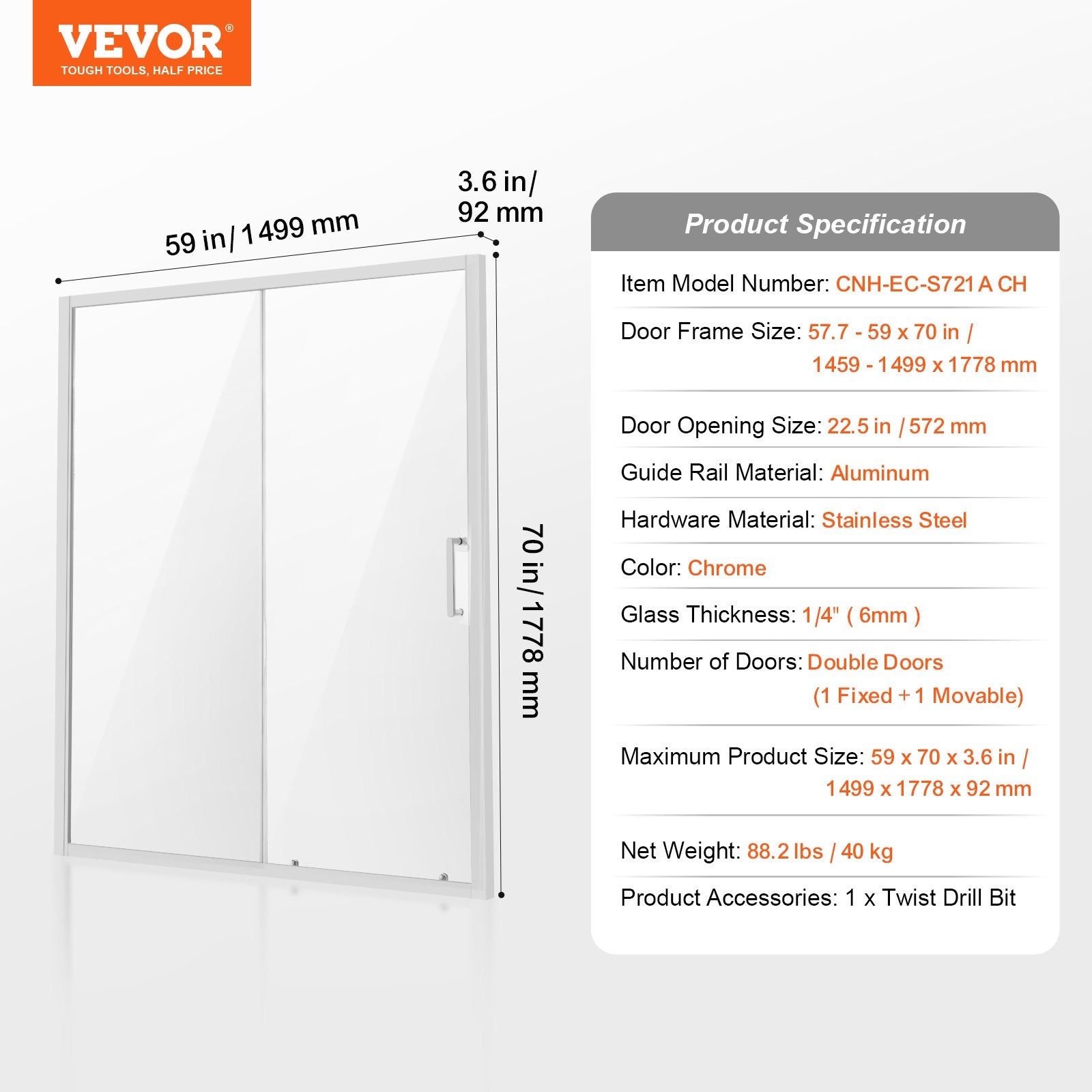 Shower Heads & Screens: VEVOR Semi-frameless Shower Door 57.7-59" x 70" SGCC Tempered Glass 1/4" Chrome