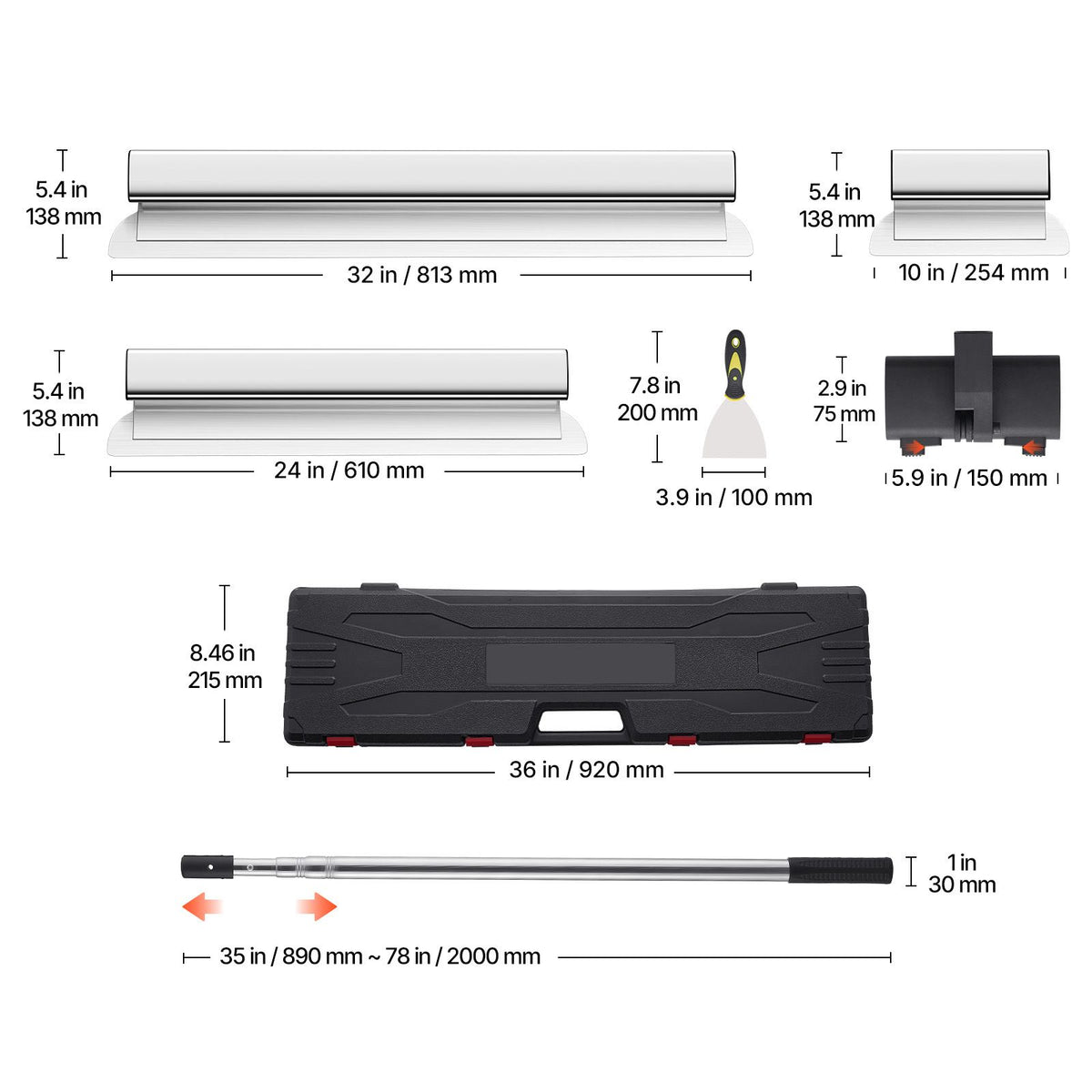 Drywall Skimming Blade Putty Knife Combo 10/24/32in Trowel Tool w/ Handle