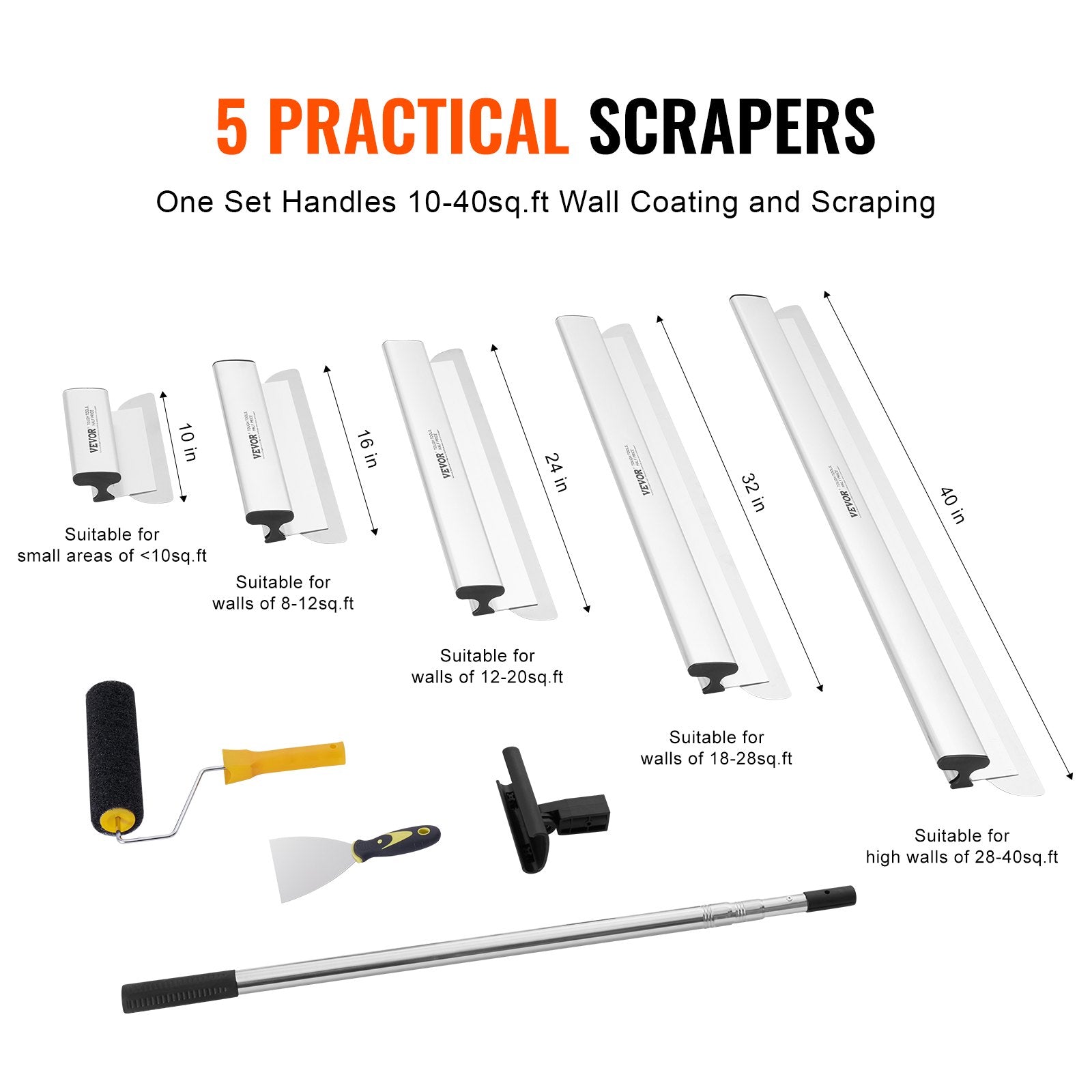 Putty Knives, Scrapers & Chisels: VEVOR Drywall Skimming Blade Set, 10/16/24/32/40 in Skimming Blades + 34-81.6 in Extension Handle Pole, Stainless Steel Knife Professional Skim Coat Tools, for Gyprock/WallBoard/Plasterboard