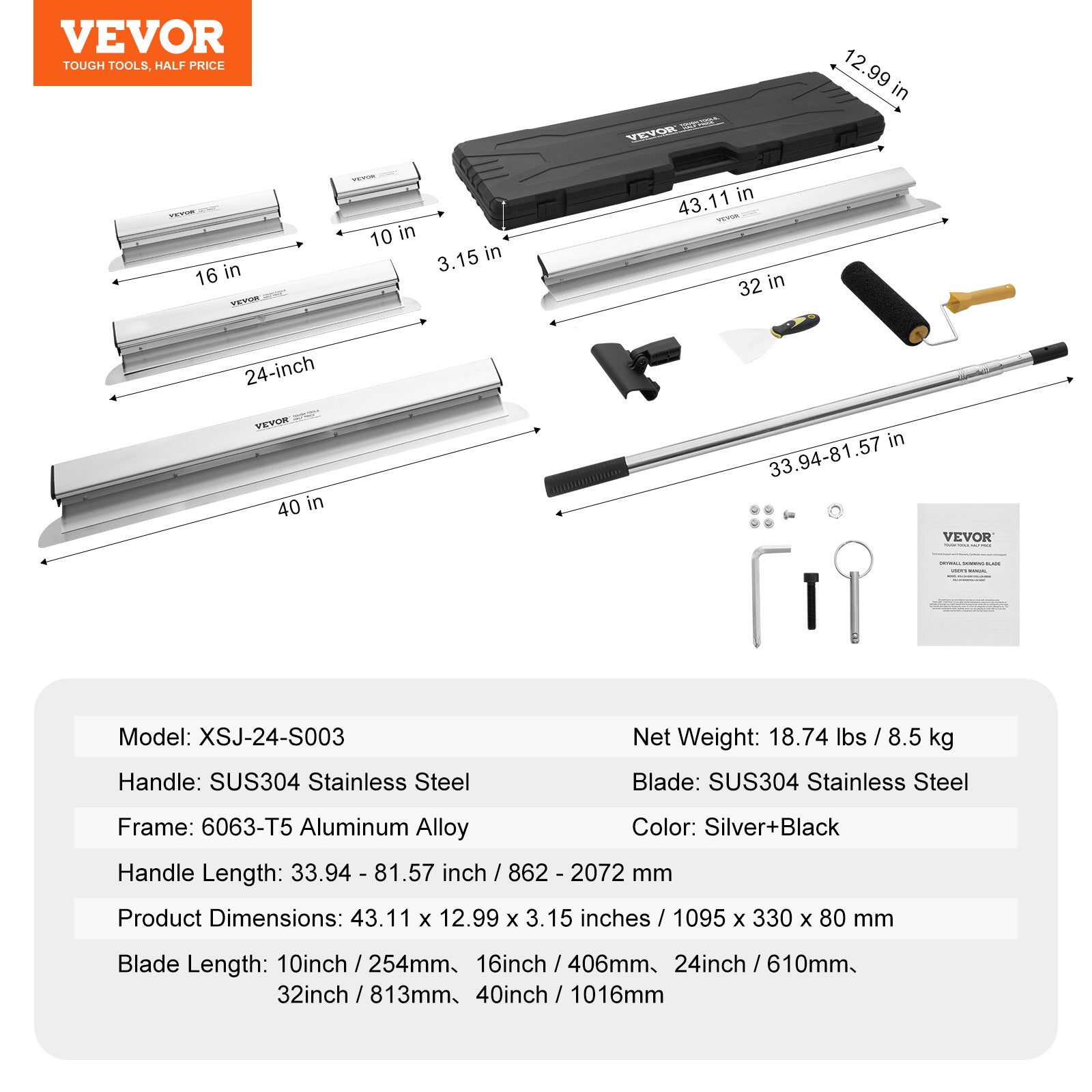 Putty Knives, Scrapers & Chisels: VEVOR Drywall Skimming Blade Set, 10/16/24/32/40 in Skimming Blades + 34-81.6 in Extension Handle Pole, Stainless Steel Knife Professional Skim Coat Tools, for Gyprock/WallBoard/Plasterboard
