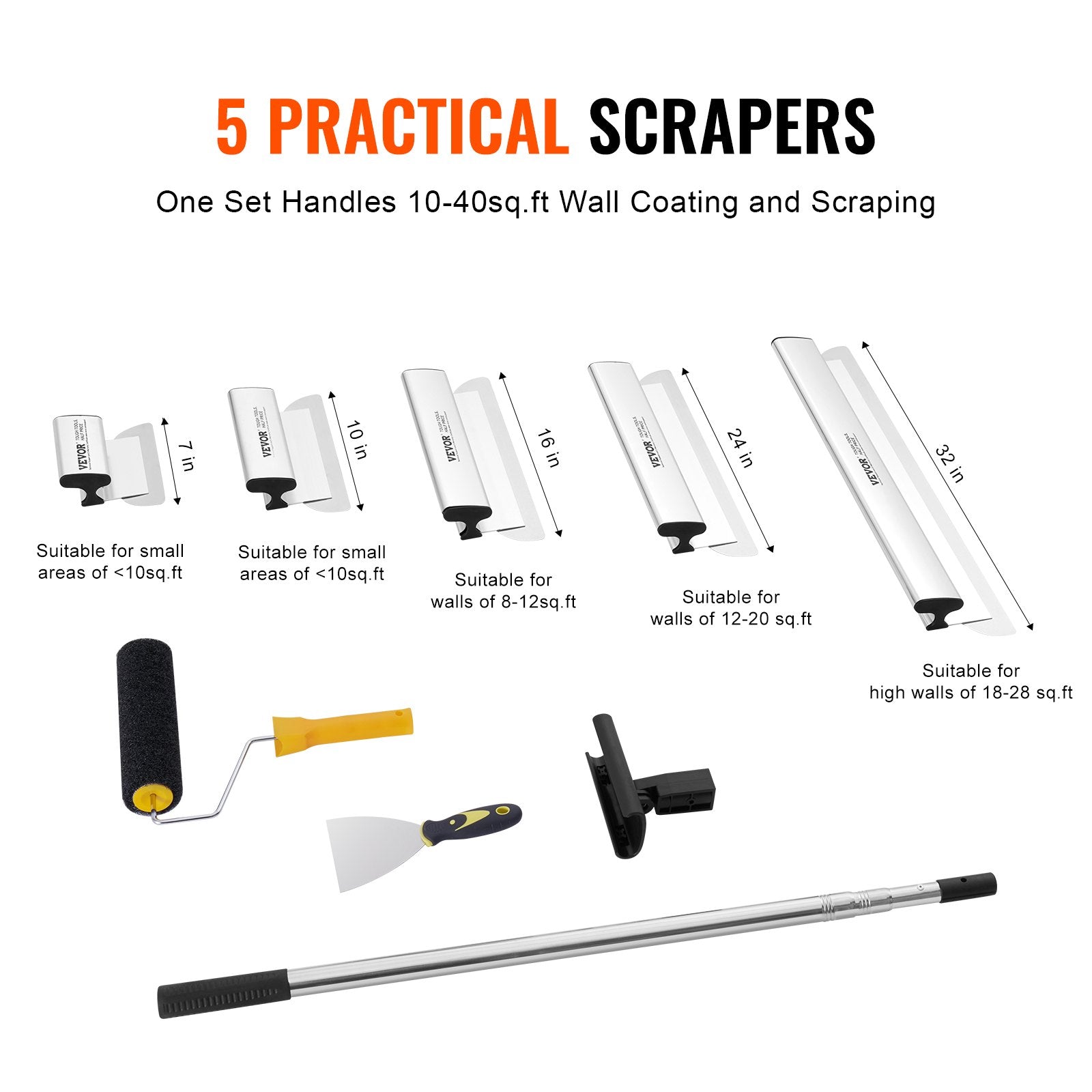 Putty Knives, Scrapers & Chisels: VEVOR Drywall Skimming Blade Set, 7/10/14/16/24 in Skimming Blades + 34 - 81.6 in Extension Handle Pole, Stainless Steel Knife Professional Skim Coat Tools, for Gyprock/WallBoard/Plasterboard