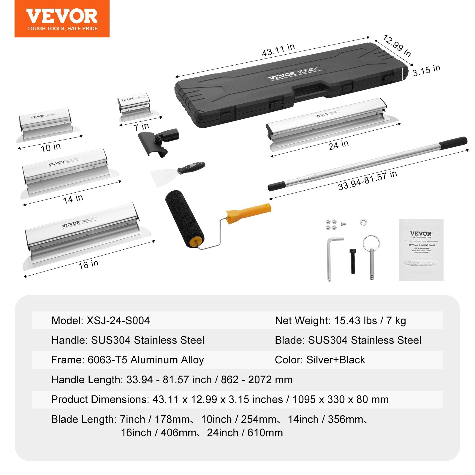 Putty Knives, Scrapers & Chisels: VEVOR Drywall Skimming Blade Set, 7/10/14/16/24 in Skimming Blades + 34 - 81.6 in Extension Handle Pole, Stainless Steel Knife Professional Skim Coat Tools, for Gyprock/WallBoard/Plasterboard