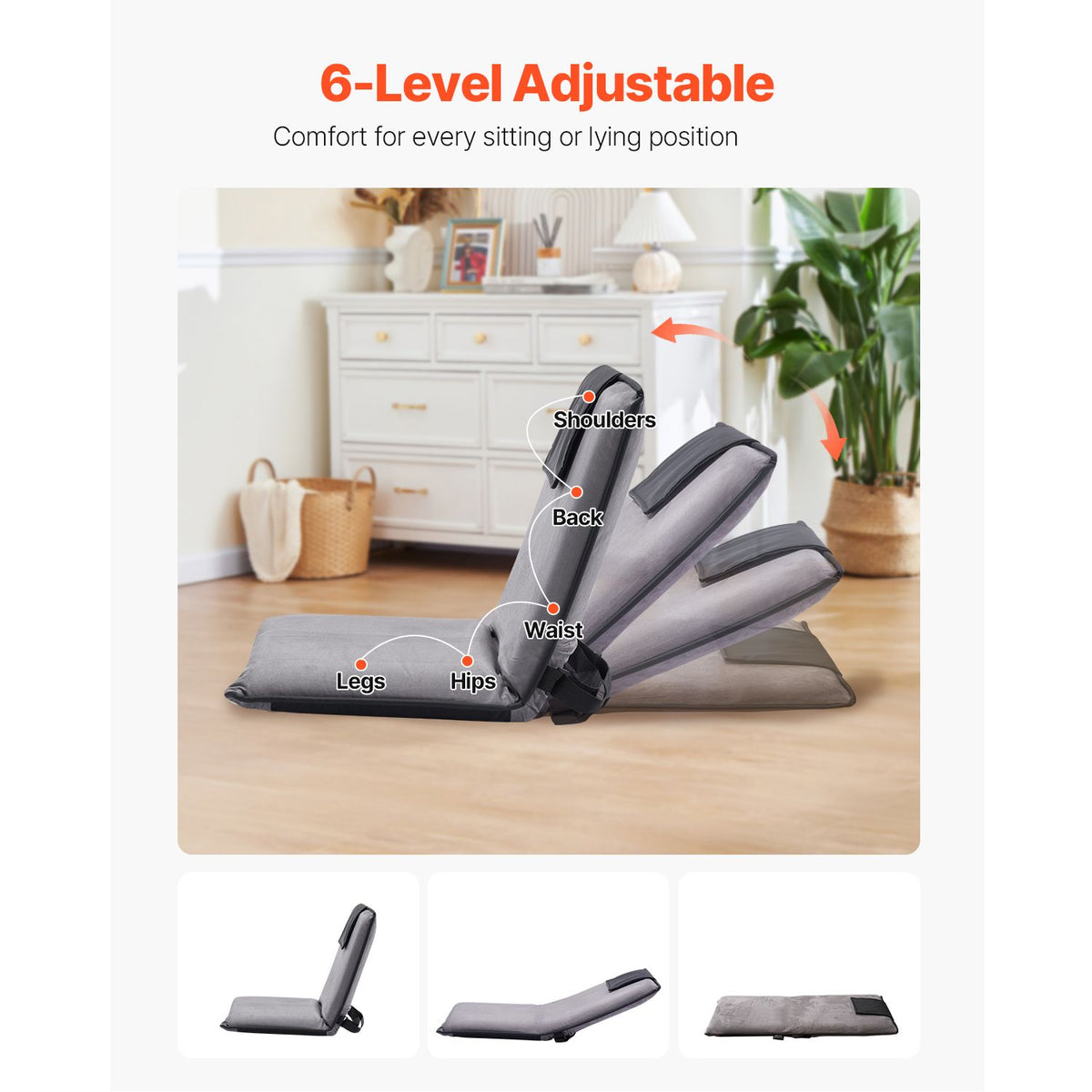 Floor Chair, 6-Position Adjustable Meditation Chair with Back Support, Folding Sofa Chair for Reading TV Watching and Gaming, Portable Floor Seat Lounge Sofa Chair for Kids Teens Adults, Gray
