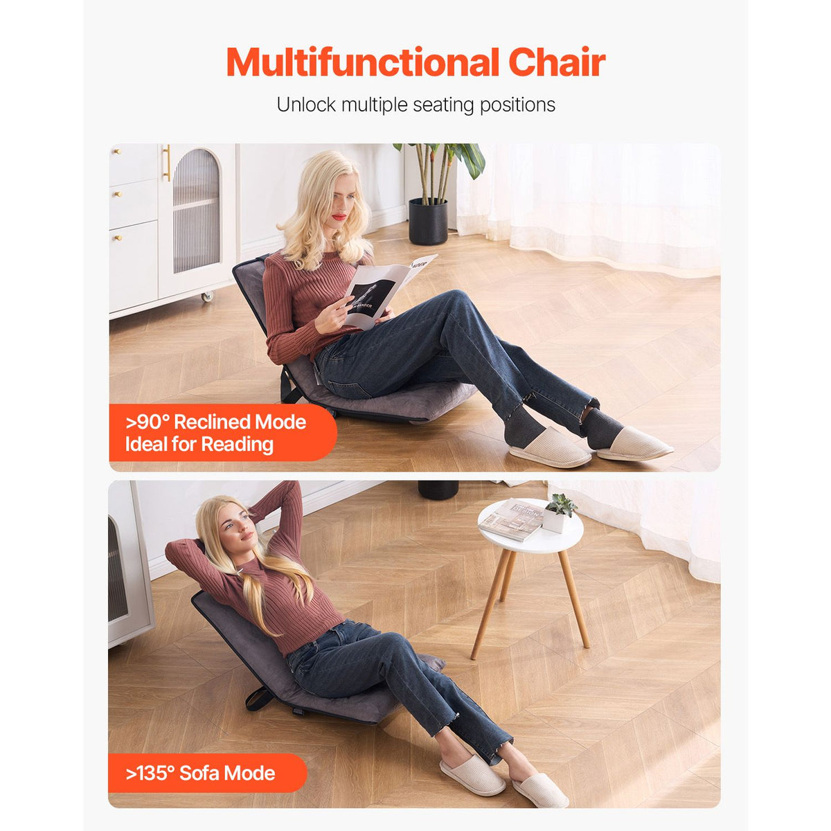 Floor Chair, 6-Position Adjustable Meditation Chair with Back Support, Folding Sofa Chair for Reading TV Watching and Gaming, Portable Floor Seat Lounge Sofa Chair for Kids Teens Adults, Gray