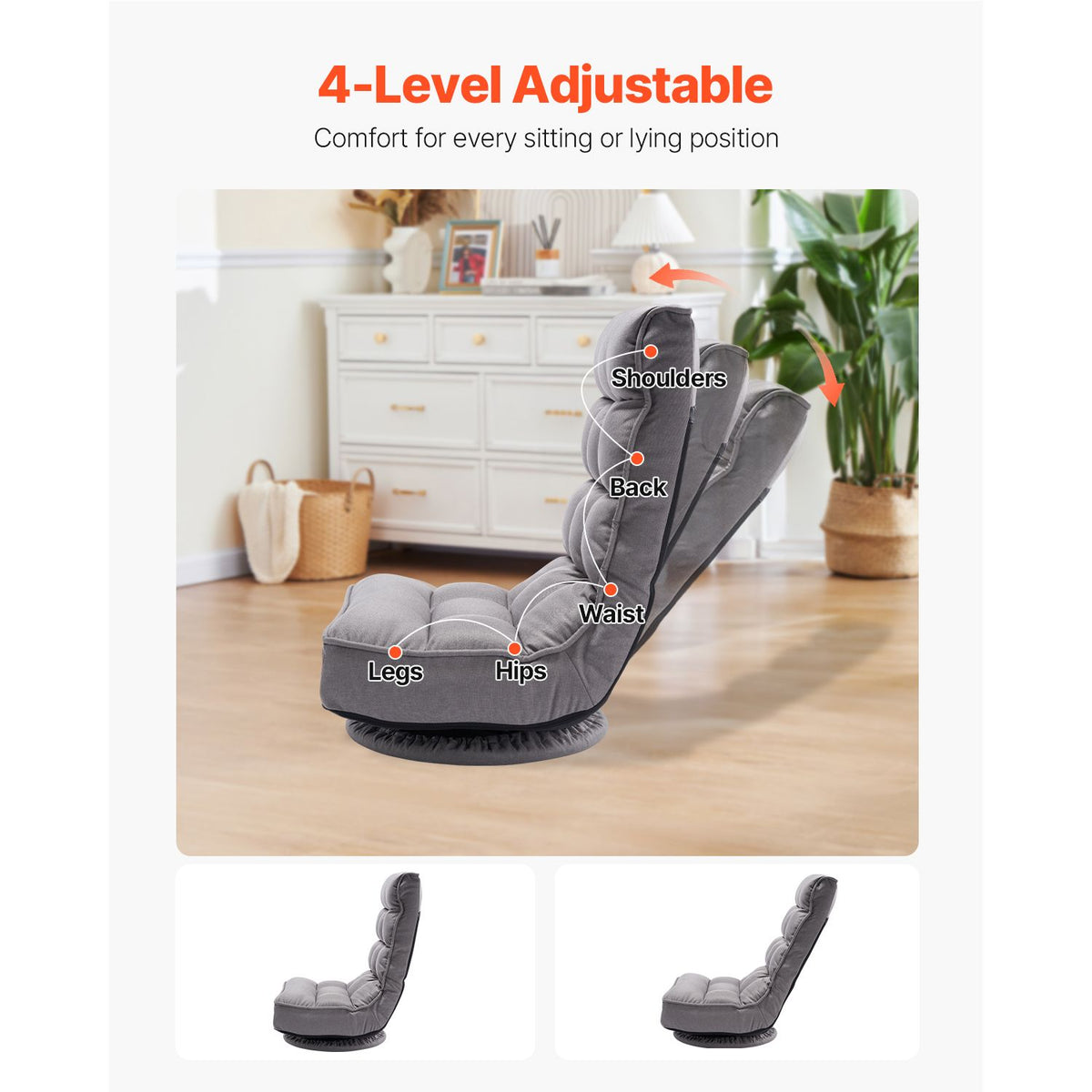 Swivel Floor Gaming Chair, 360-Degree Rotating Floor Chair with 4 Adjustable Position Folding Backrest and Lumbar Support, Folding Video Reclining Sofa for Watching TV Reading Playing Game, Gray