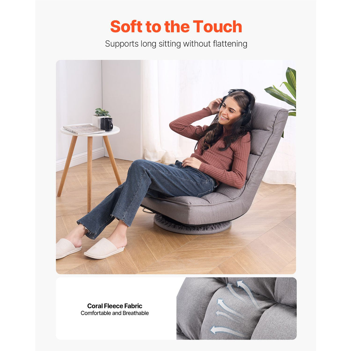 Swivel Floor Gaming Chair, 360-Degree Rotating Floor Chair with 4 Adjustable Position Folding Backrest and Lumbar Support, Folding Video Reclining Sofa for Watching TV Reading Playing Game, Gray