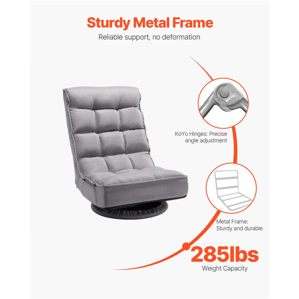 Swivel Floor Gaming Chair, 360-Degree Rotating Floor Chair with 4 Adjustable Position Folding Backrest and Lumbar Support, Folding Video Reclining Sofa for Watching TV Reading Playing Game, Gray