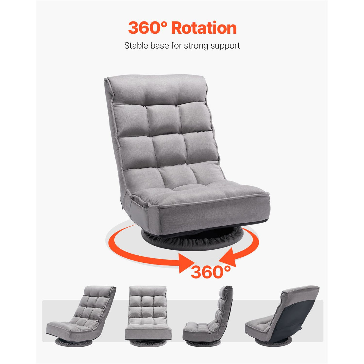 Swivel Floor Gaming Chair, 360-Degree Rotating Floor Chair with 4 Adjustable Position Folding Backrest and Lumbar Support, Folding Video Reclining Sofa for Watching TV Reading Playing Game, Gray