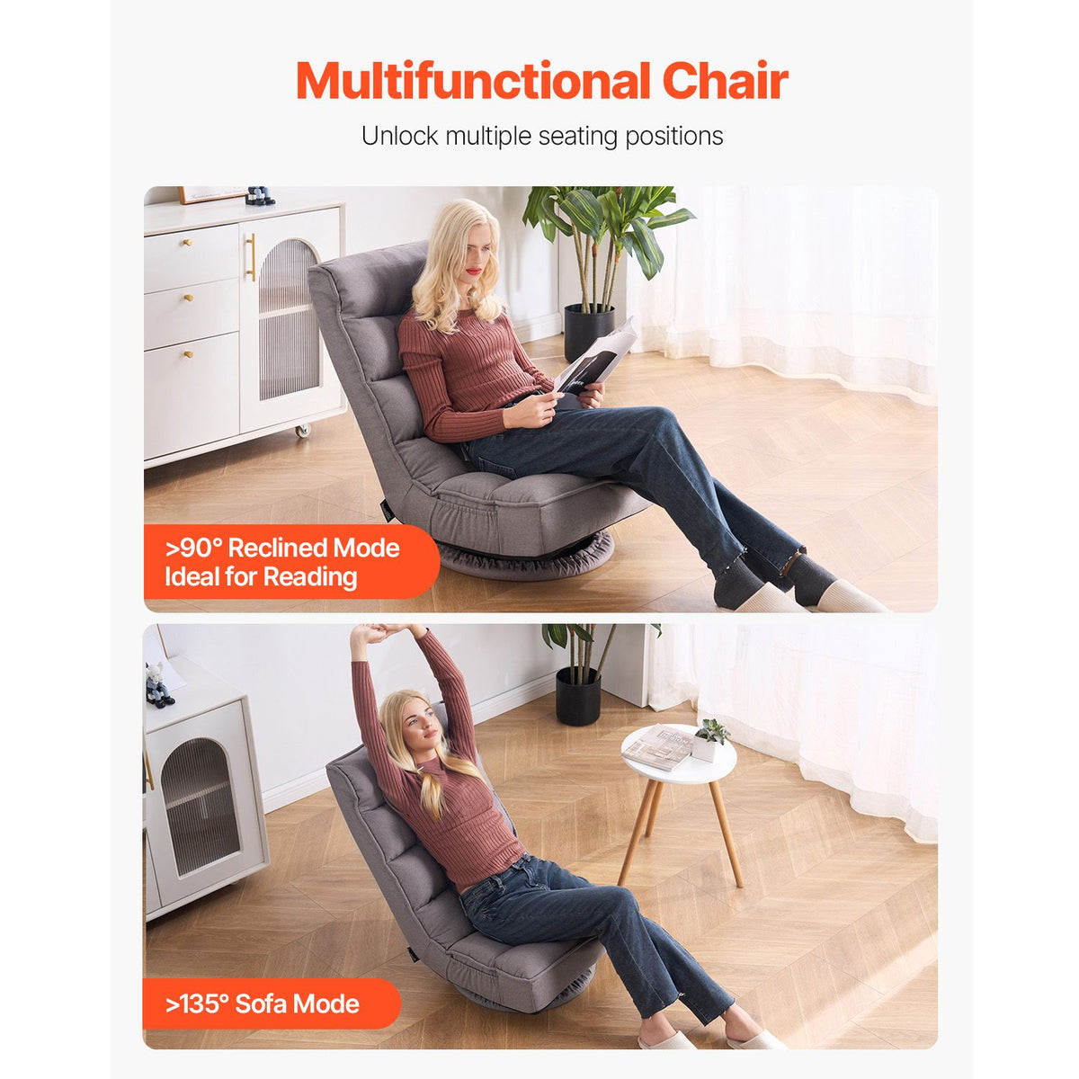 Swivel Floor Gaming Chair, 360-Degree Rotating Floor Chair with 4 Adjustable Position Folding Backrest and Lumbar Support, Folding Video Reclining Sofa for Watching TV Reading Playing Game, Gray