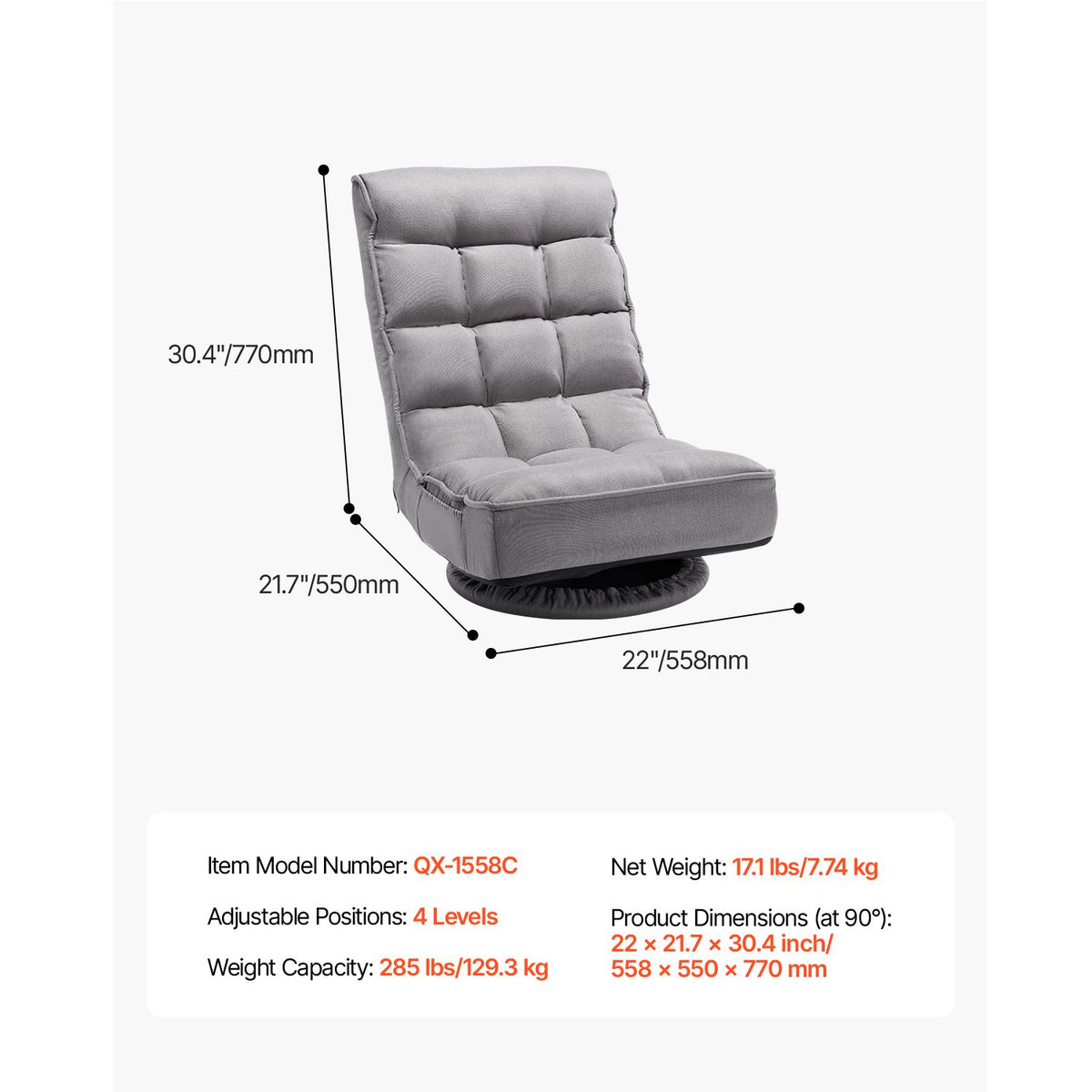Swivel Floor Gaming Chair, 360-Degree Rotating Floor Chair with 4 Adjustable Position Folding Backrest and Lumbar Support, Folding Video Reclining Sofa for Watching TV Reading Playing Game, Gray