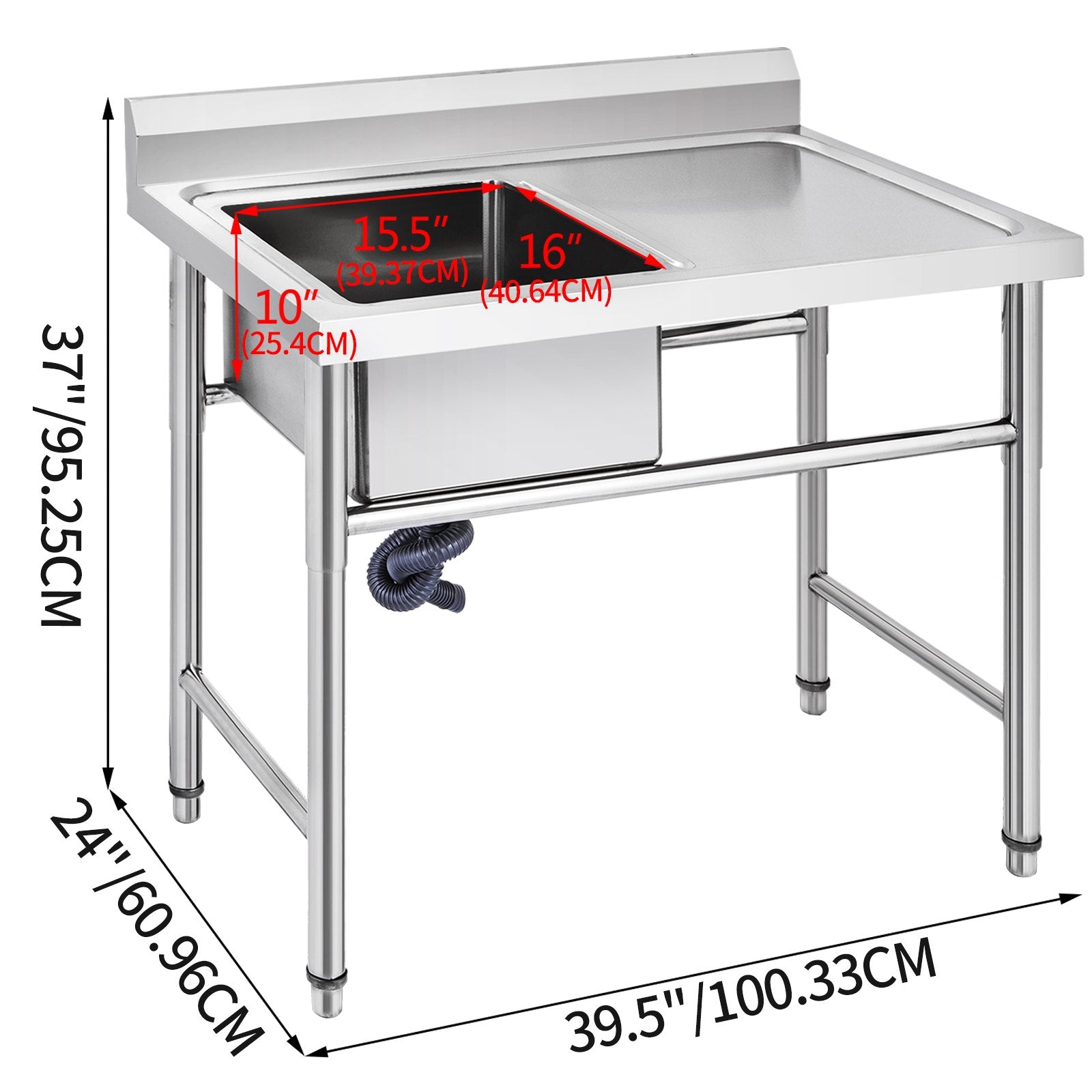 Kitchen & Bathroom DIY: VEVOR Handmade Sink Non-magnetic Stainless Steel Kitchen Sink Hand Made 1 Compartment 40.6 x 39.4 x 25.4 cm Capacity Huge Tub Sink with Right Hand Platform for Farmhouse Cafe Shop Hospital