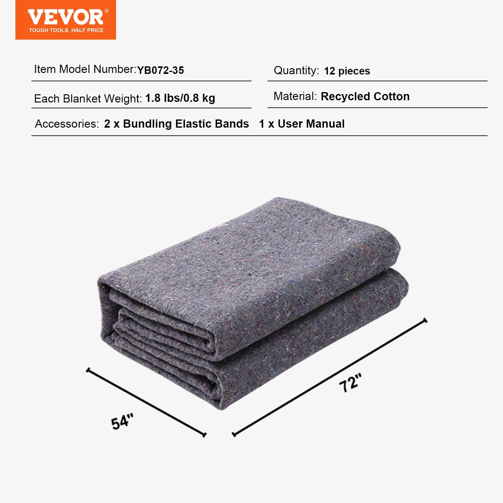 Blankets & Throws: VEVOR Moving Blankets, 1829 x 1372 mm, 12 kg/dz Weight, 12 Pack, Professional Recycled Cotton Packing Blanket, Large Heavy Duty Shipping Mover Pads Perfect for Protecting Furniture, Floors, Appliances