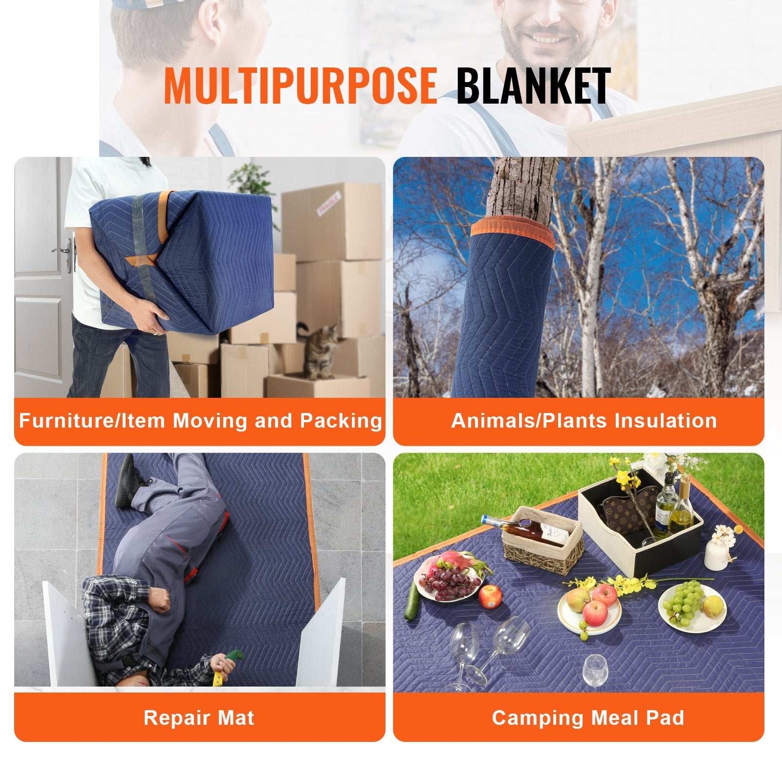 Blankets & Throws: VEVOR Moving Blankets, 2032 x 1829 mm, 15.6 kg/dz, 12 Packs, Professional Non-Woven & Recycled Cotton Packing Blanket, Heavy Duty Mover Pads for Protecting Furniture, Floors, Appliances, Blue/Orange