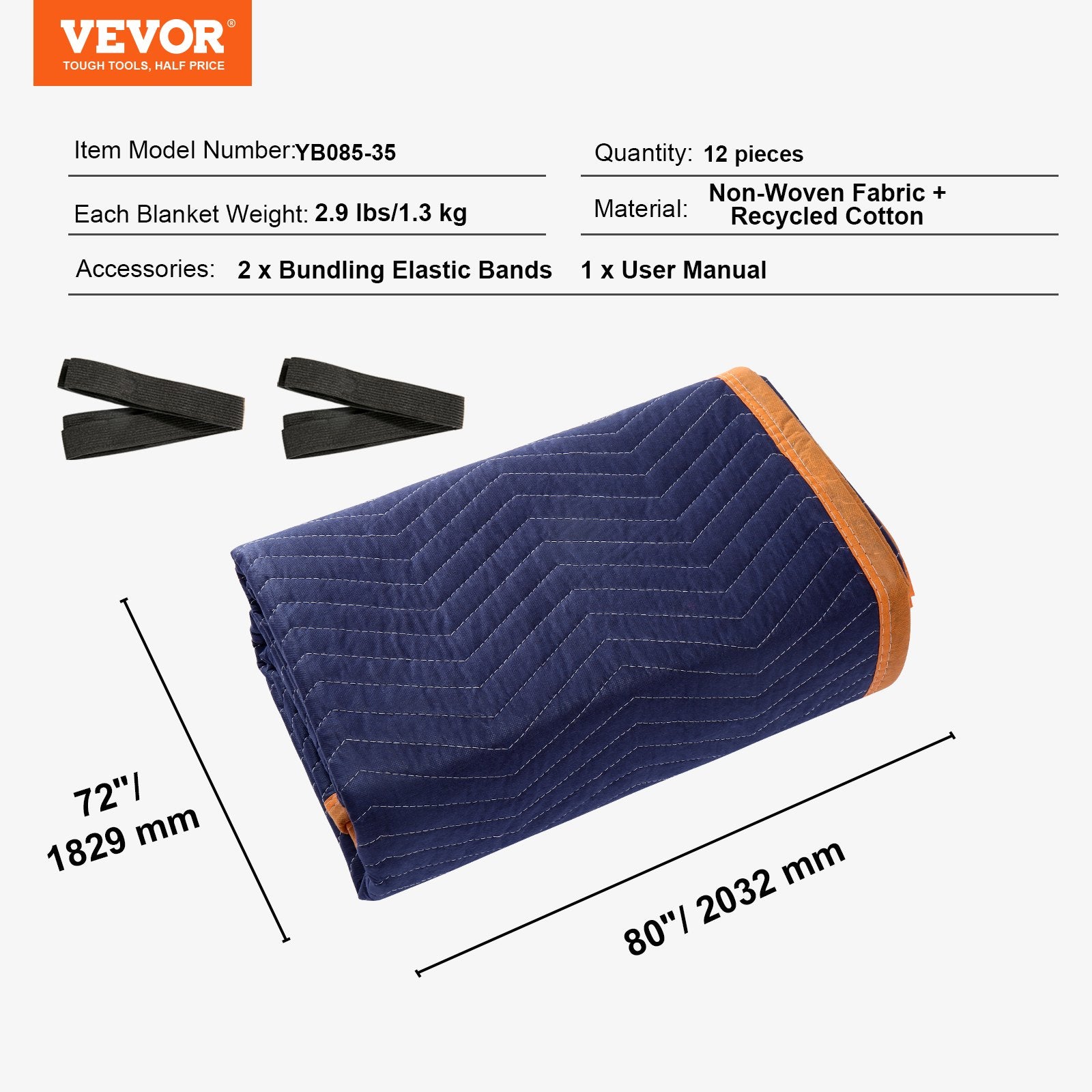 Blankets & Throws: VEVOR Moving Blankets, 2032 x 1829 mm, 15.6 kg/dz, 12 Packs, Professional Non-Woven & Recycled Cotton Packing Blanket, Heavy Duty Mover Pads for Protecting Furniture, Floors, Appliances, Blue/Orange