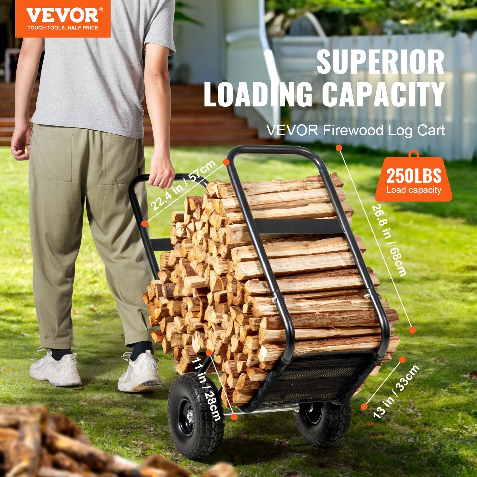 Spreaders & Wheelbarrows: VEVOR Firewood Log Cart Wood Mover Hauler 250 lbs Capacity on PU Wheels Dolly