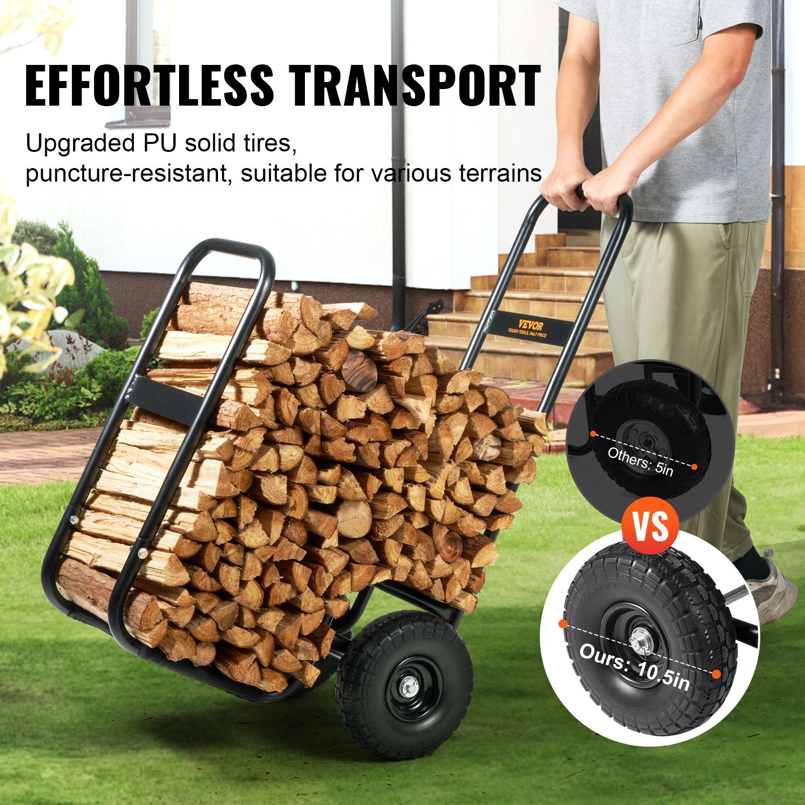 Spreaders & Wheelbarrows: VEVOR Firewood Log Cart Wood Mover Hauler 250 lbs Capacity on PU Wheels Dolly