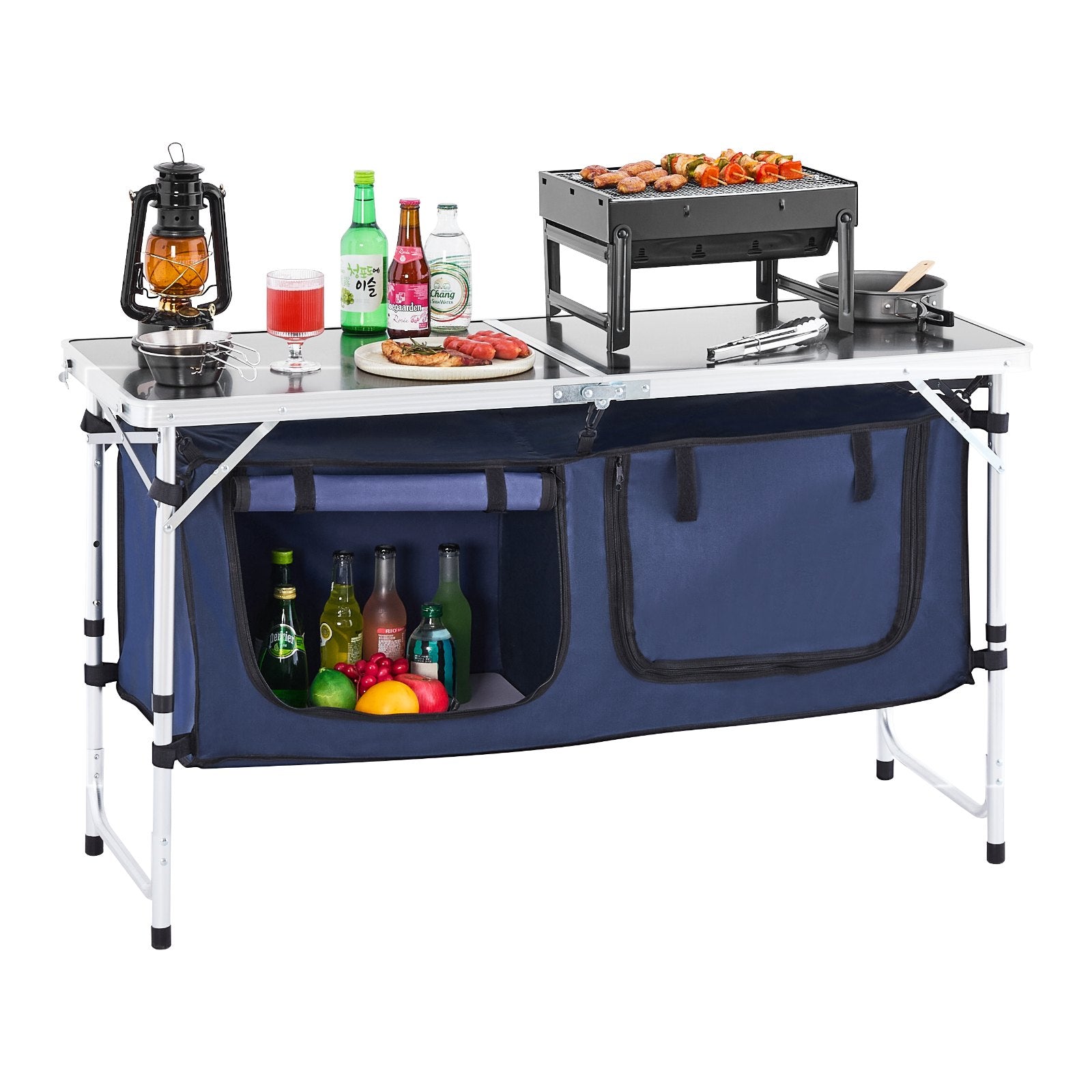 Camping Kitchen Table, Folding Outdoor Cooking Table, 3 Adjustable Height, Aluminum Lightweight Portable Cook Station with Storage Organizer, Carry Handle, for BBQ Party Picnic RV Travel, Blue