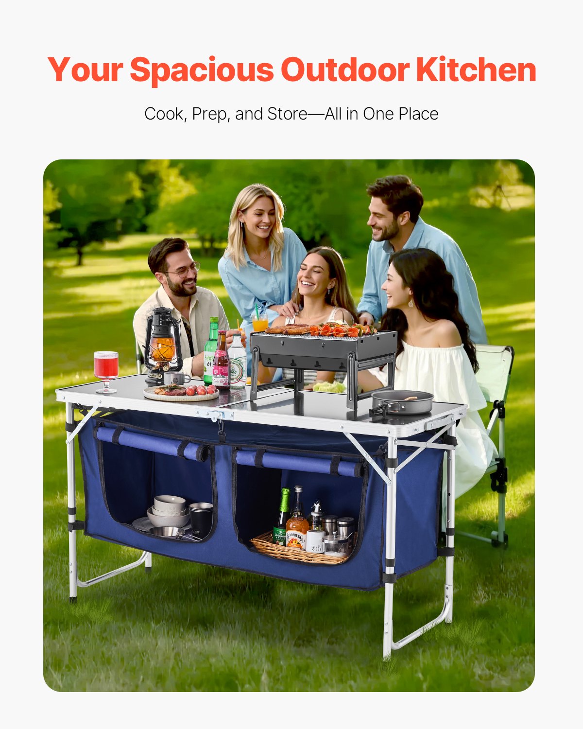 Camping Kitchen Table, Folding Outdoor Cooking Table, 3 Adjustable Height, Aluminum Lightweight Portable Cook Station with Storage Organizer, Carry Handle, for BBQ Party Picnic RV Travel, Blue