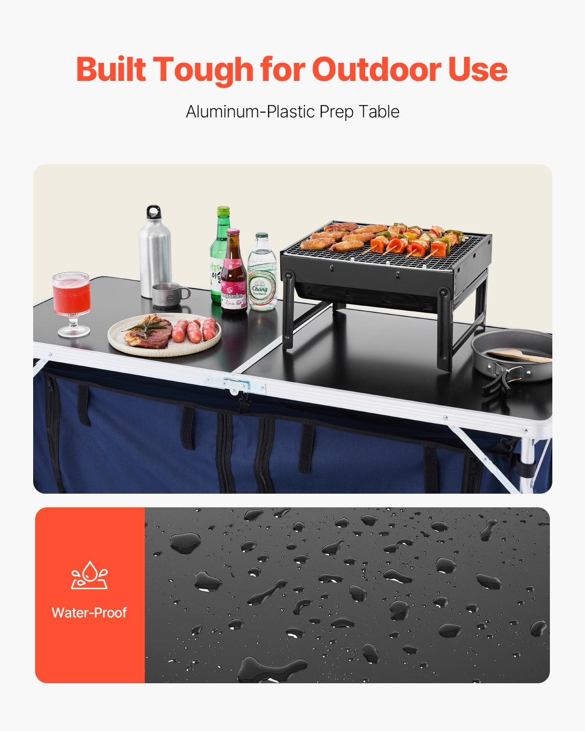 Camping Kitchen Table, Folding Outdoor Cooking Table, 3 Adjustable Height, Aluminum Lightweight Portable Cook Station with Storage Organizer, Carry Handle, for BBQ Party Picnic RV Travel, Blue