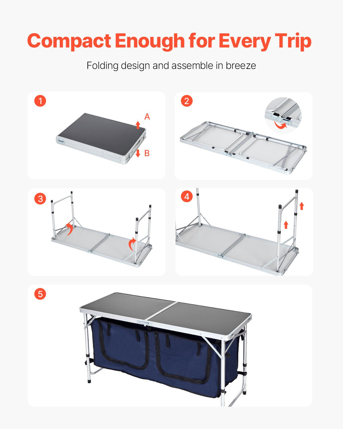 Camping Kitchen Table, Folding Outdoor Cooking Table, 3 Adjustable Height, Aluminum Lightweight Portable Cook Station with Storage Organizer, Carry Handle, for BBQ Party Picnic RV Travel, Blue
