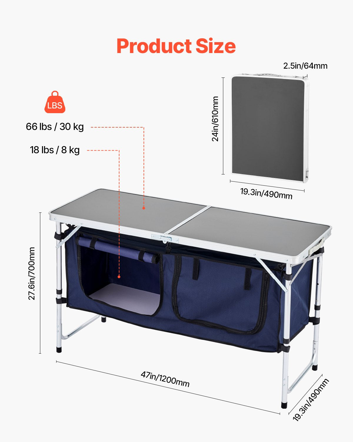 Camping Kitchen Table, Folding Outdoor Cooking Table, 3 Adjustable Height, Aluminum Lightweight Portable Cook Station with Storage Organizer, Carry Handle, for BBQ Party Picnic RV Travel, Blue